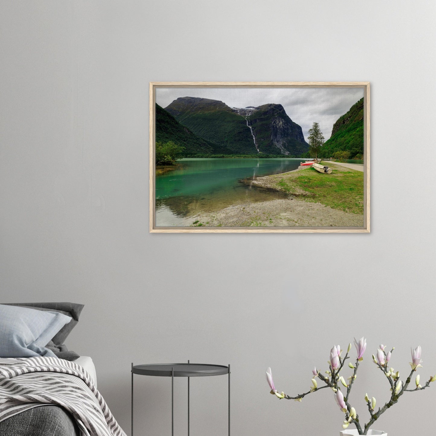 Framed print of boats at lake beneath Mount Ramnefjell