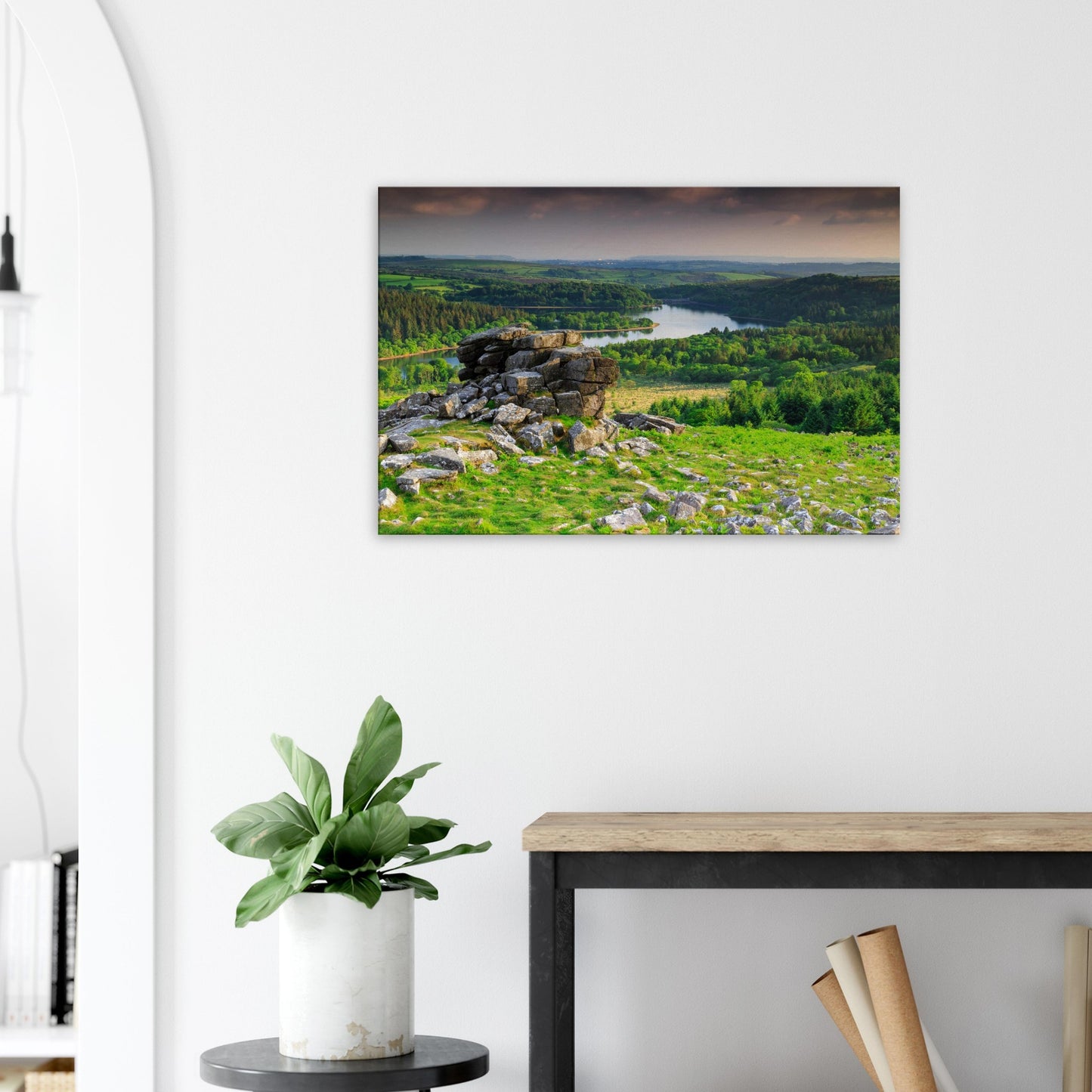 Canvas print of Dartmoor’s Leather Tor and surrounding hills in golden light.