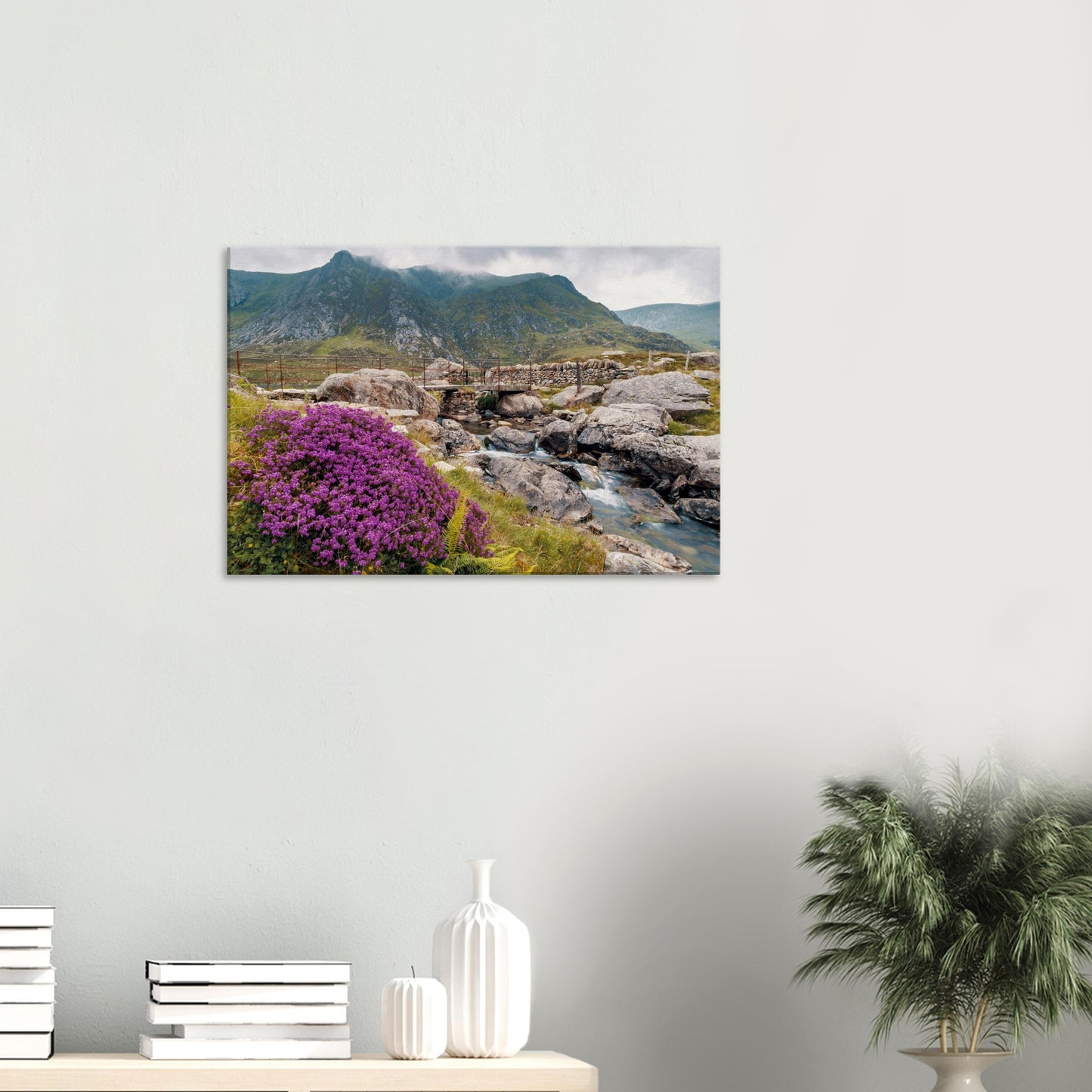 Heather-covered hills and misty peaks in Llyn Idwal wall art