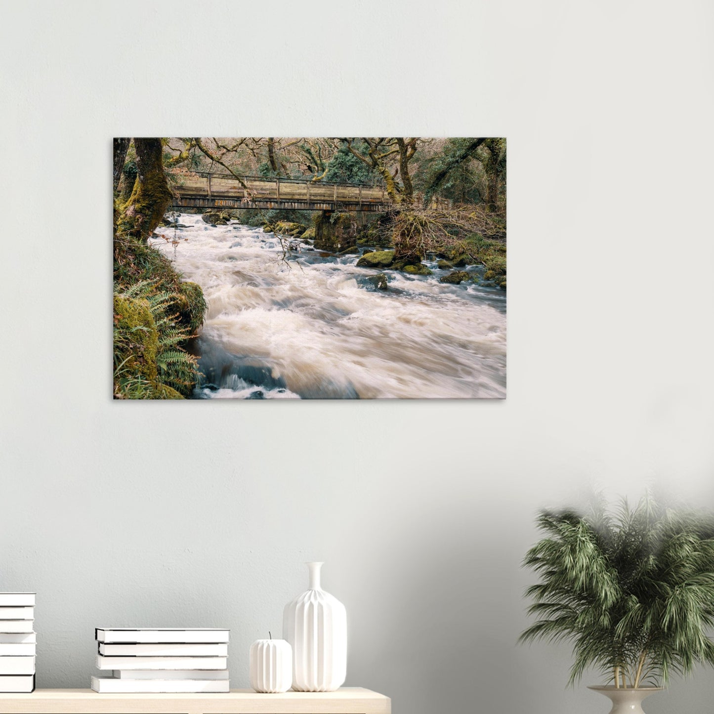 Energetic River Plym flowing under a wooden bridge, surrounded by mossy banks