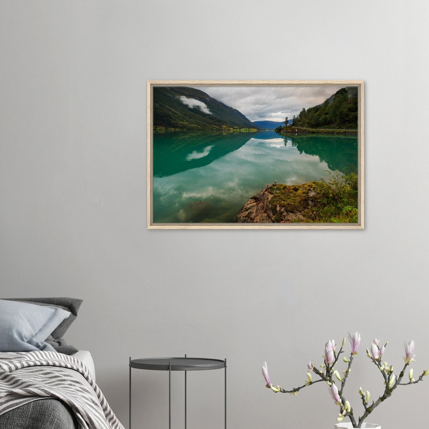 Tranquil Norwegian lake with mirrored hills in framed artwork