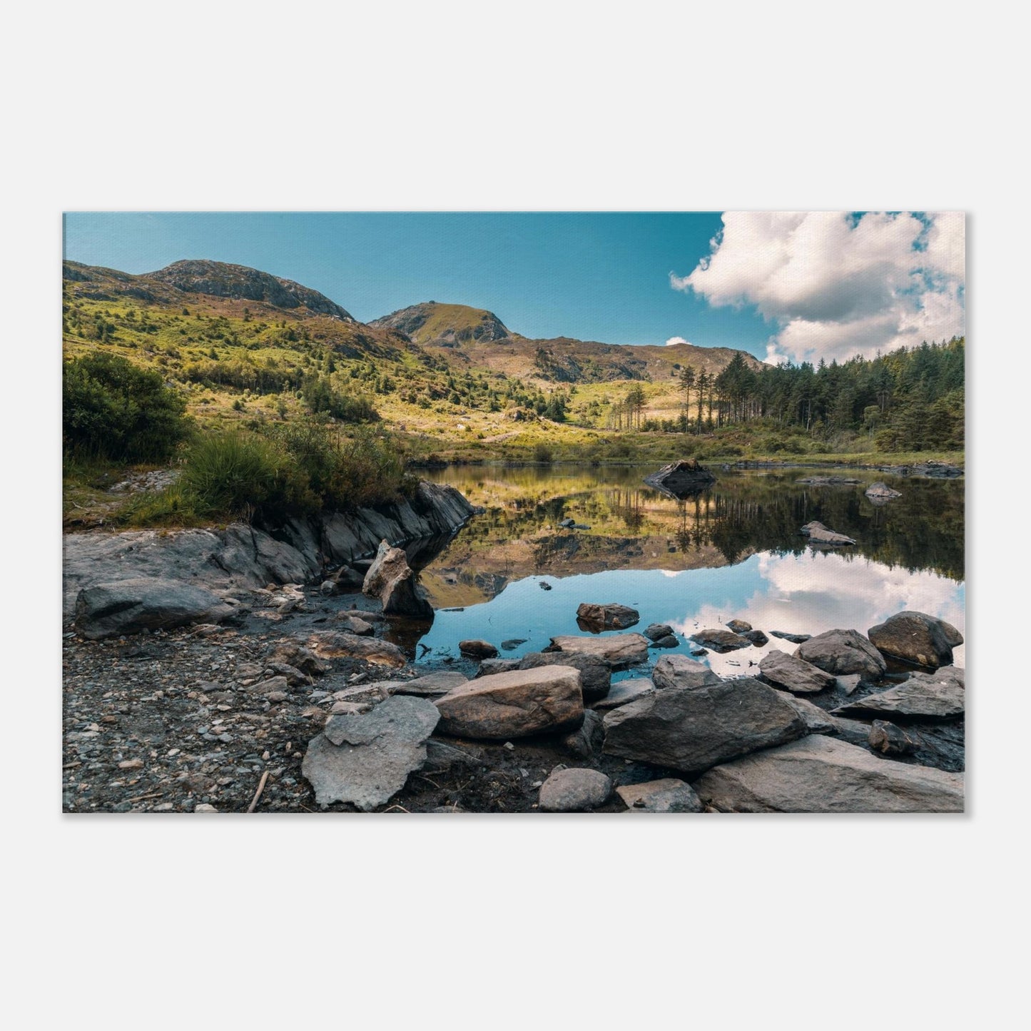 Tranquil Snowdonia lake scene captured in wall art print