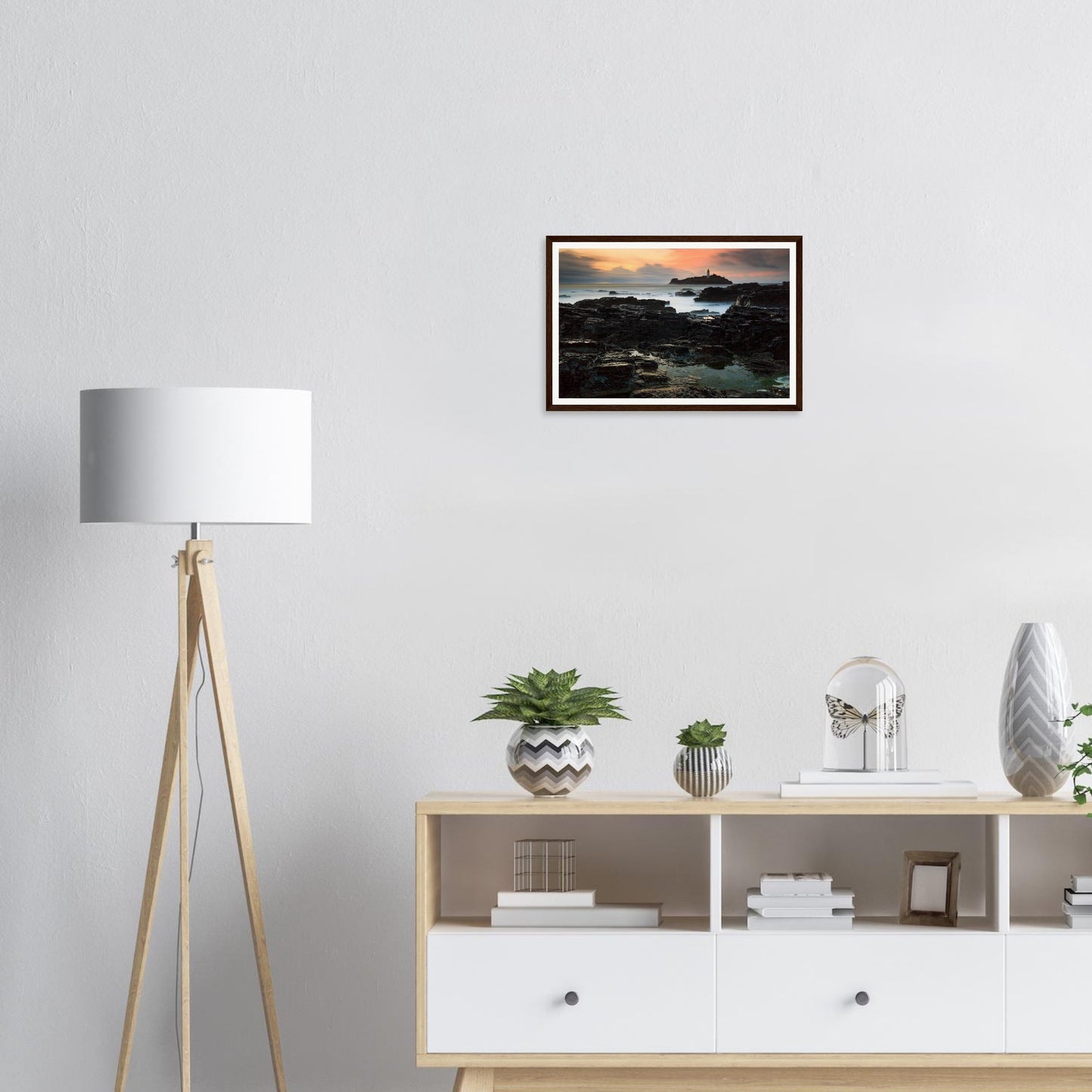 Golden hour glow at Godrevy Lighthouse Cornwall framed print