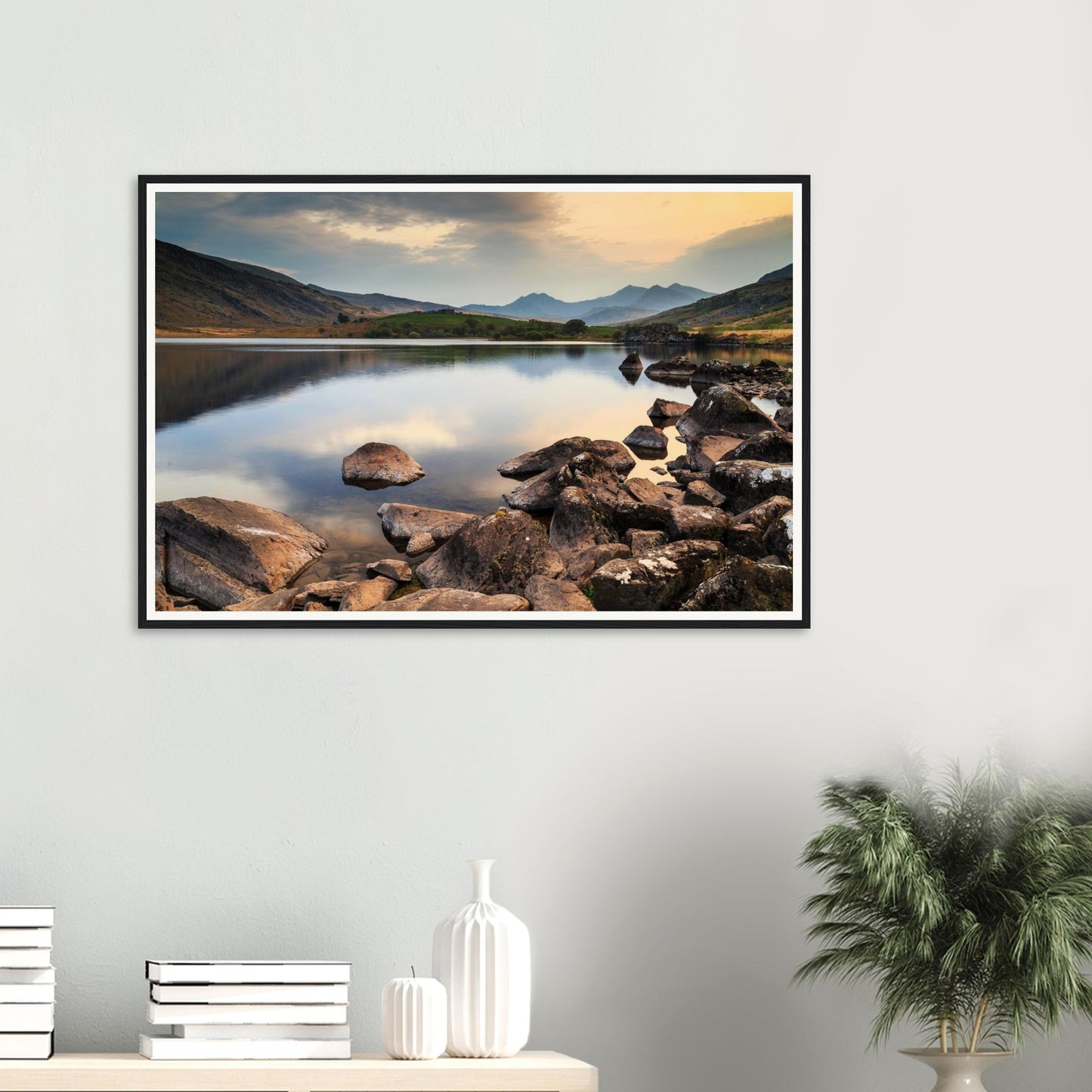 Rocks in Llynnau Mymbyr foreground framed wall art Wales