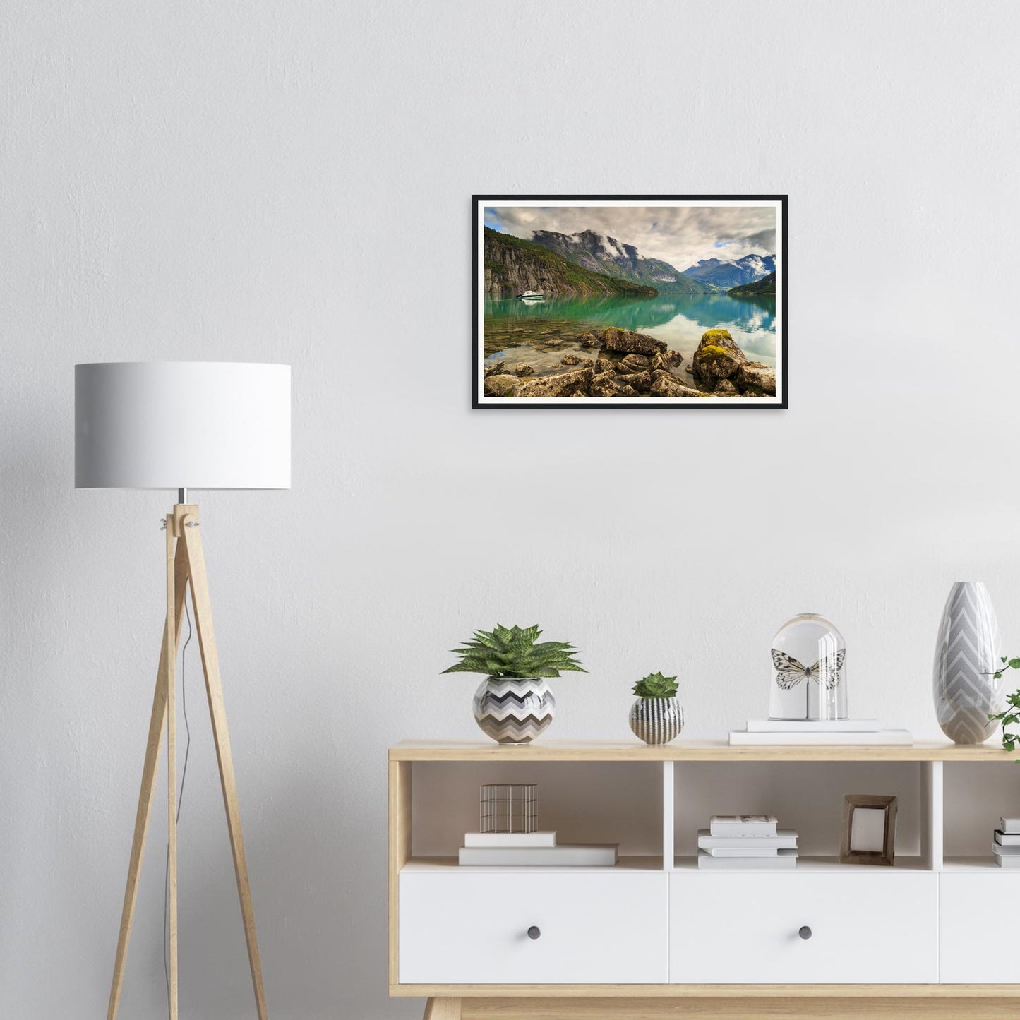 Scenic framed print of mountains reflected in Strynevatnet Lake