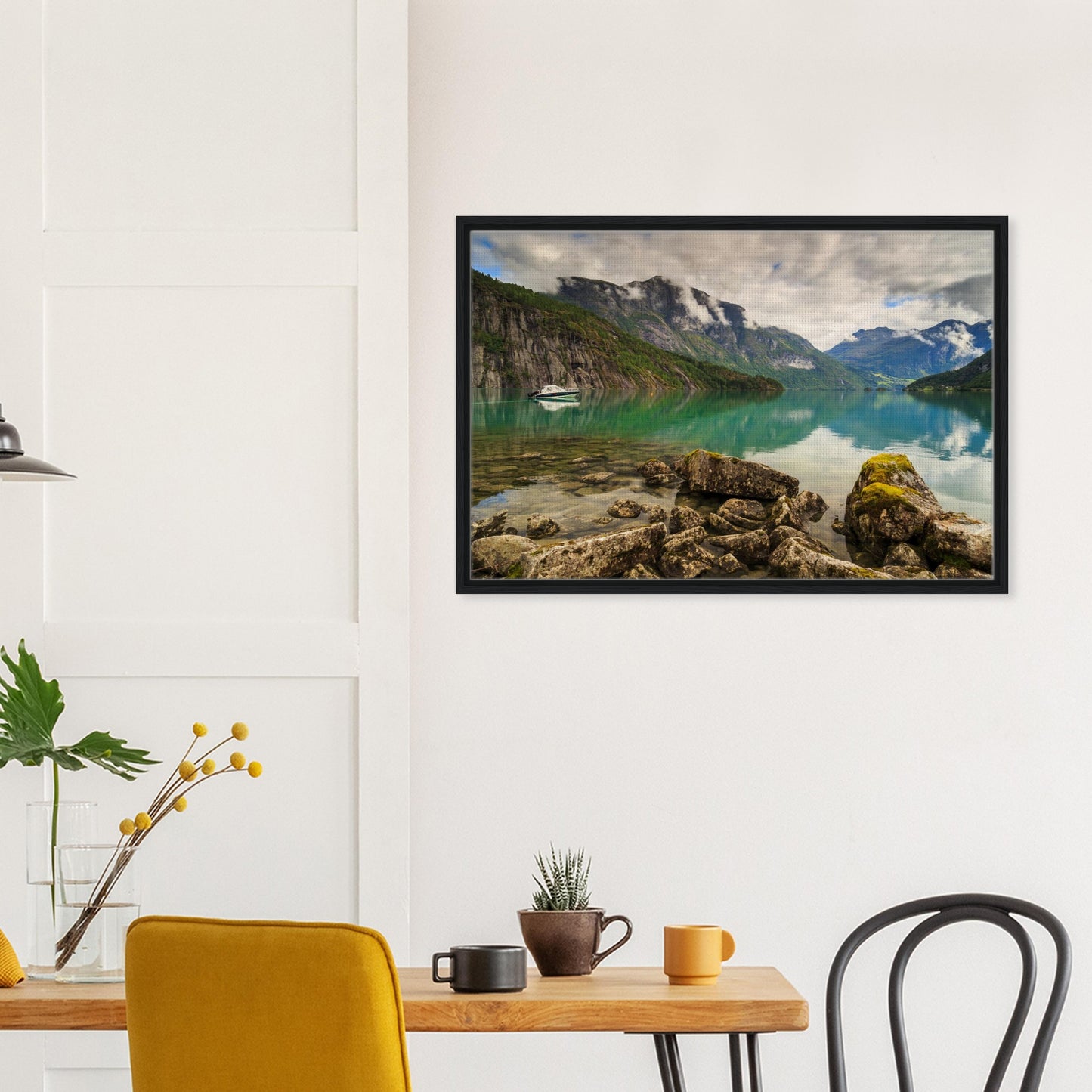 Still water reflection and soft mist in Strynevatnet canvas