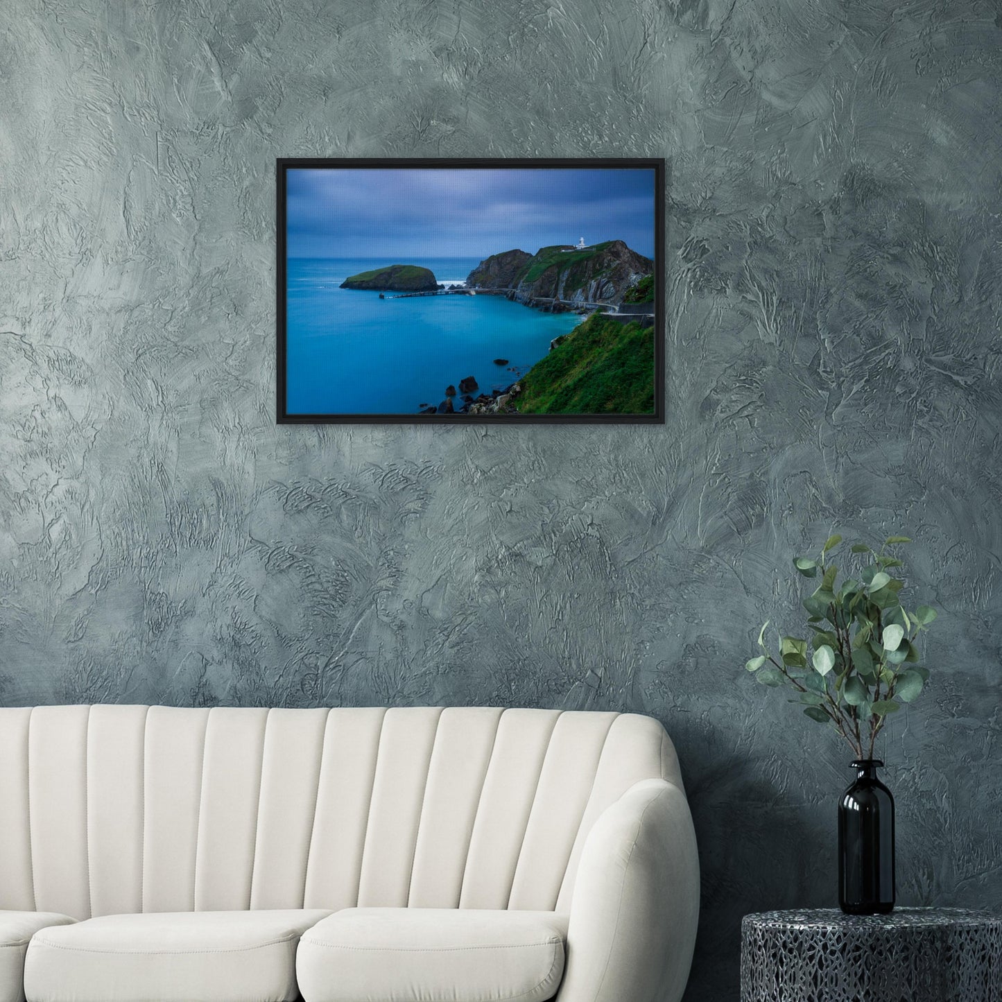 Lundy Island coast and lighthouse under twilight sky in print