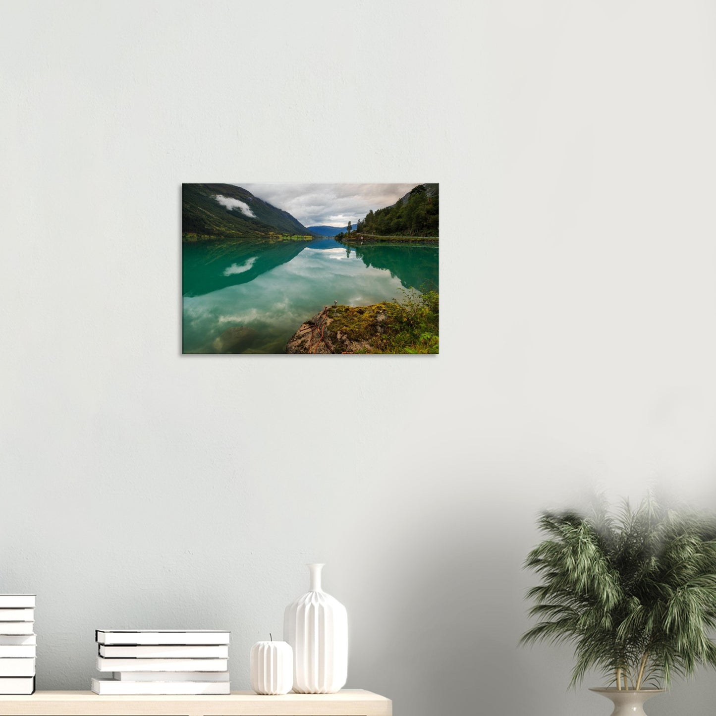 Serene view of Oldevatnet Lake in Norway with moss-covered rocks, canvas print.