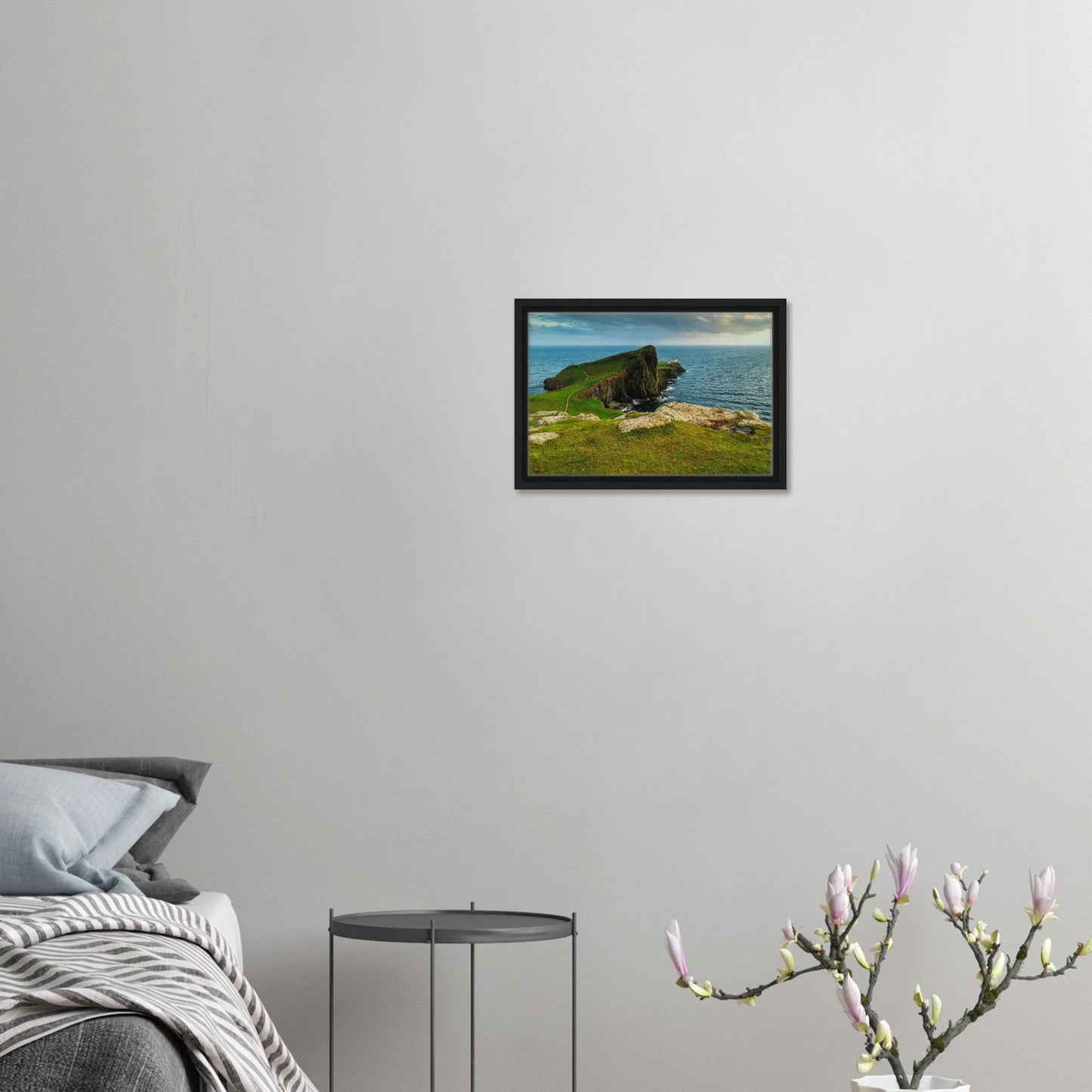 Dramatic seascape with Neist Point Lighthouse in framed canvas