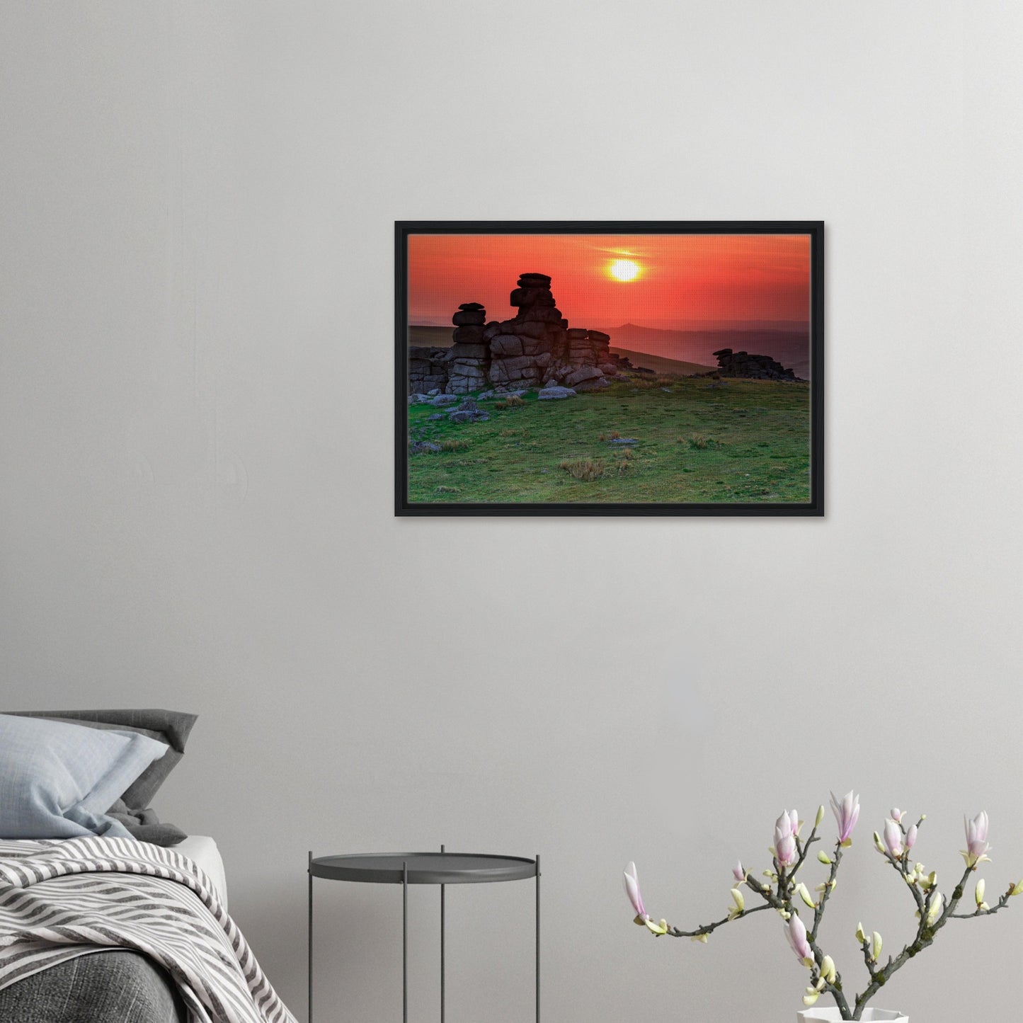 Warm light over Dartmoor outcrops in framed canvas artwork