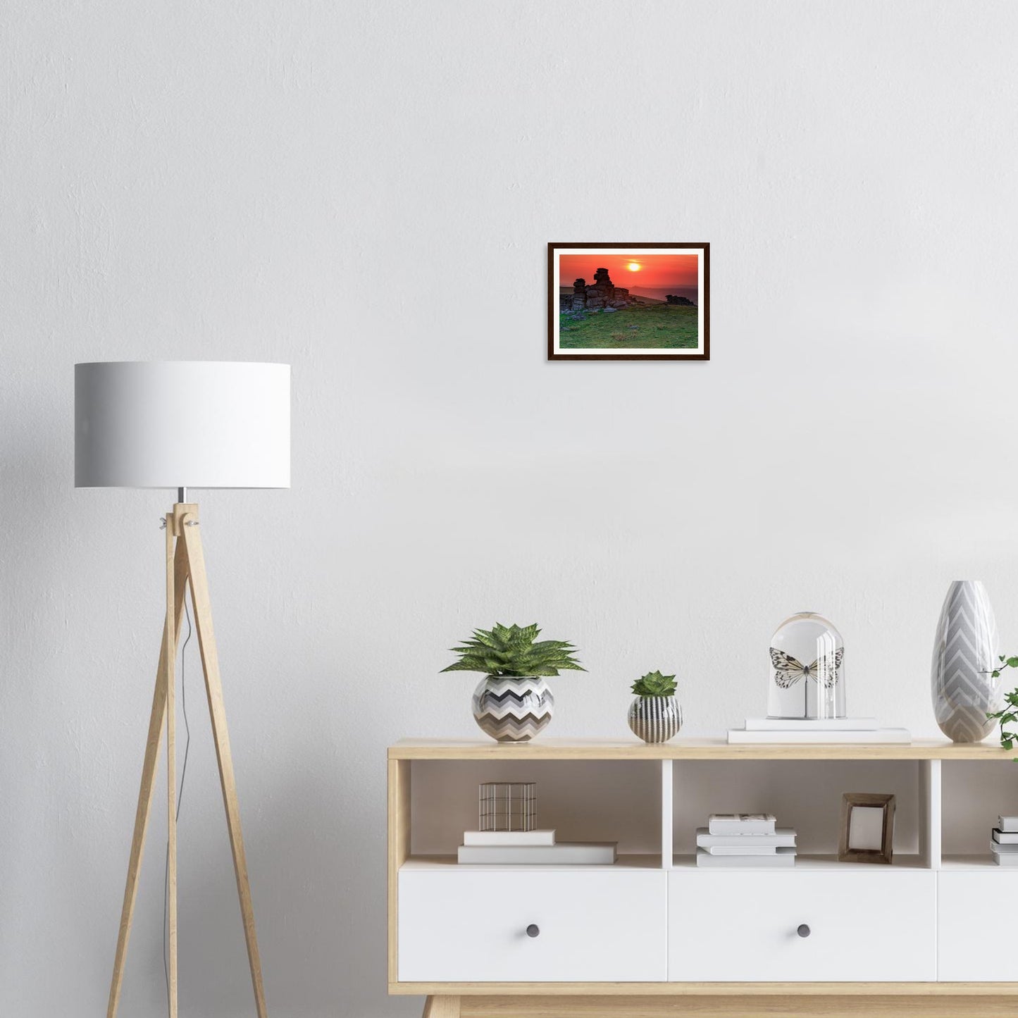 Scenic framed wall art of Great Staple Tor horizon in fiery hues