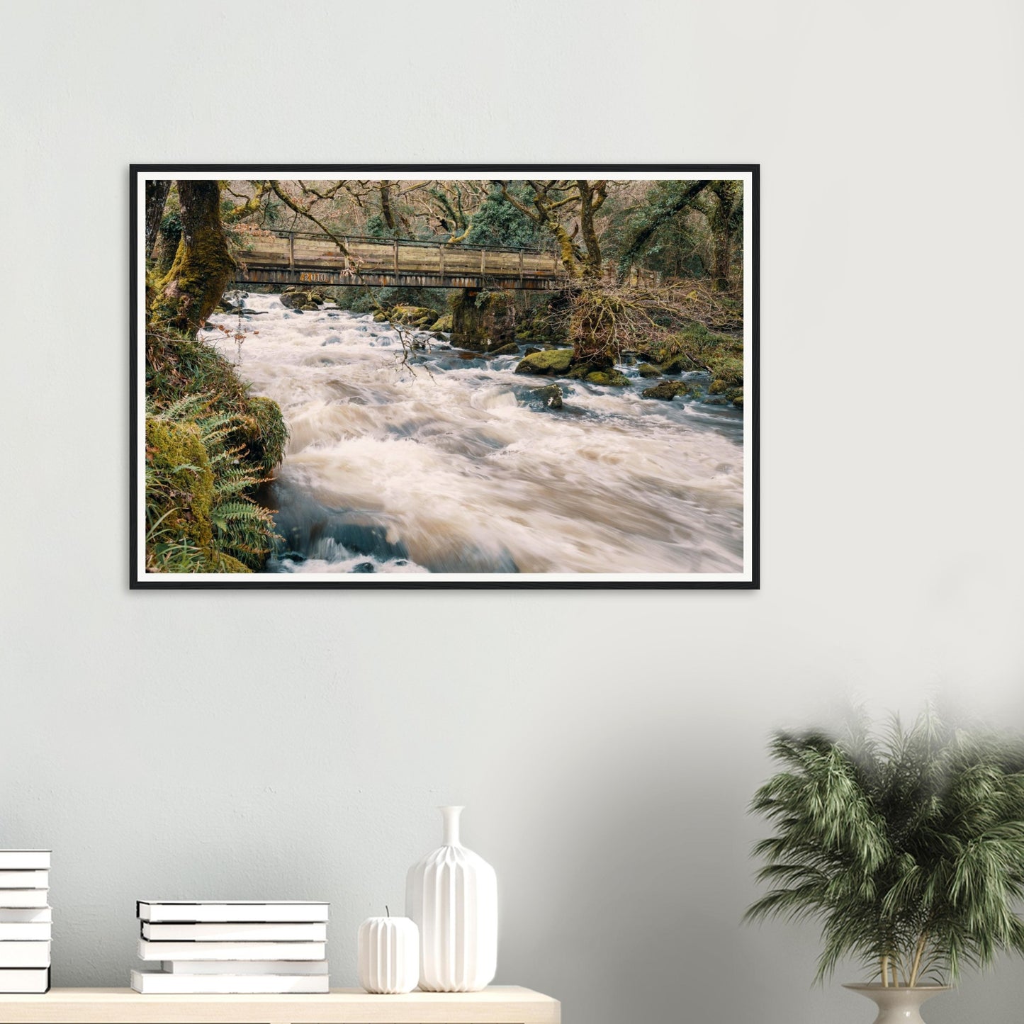 Scenic framed print of River Plym cascade in lush Dartmoor forest