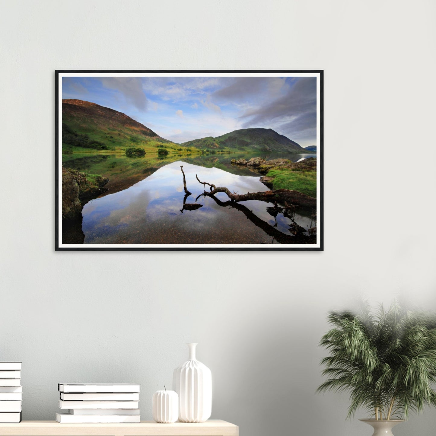 Serene Lake District framed wall art of Crummock Water and branch