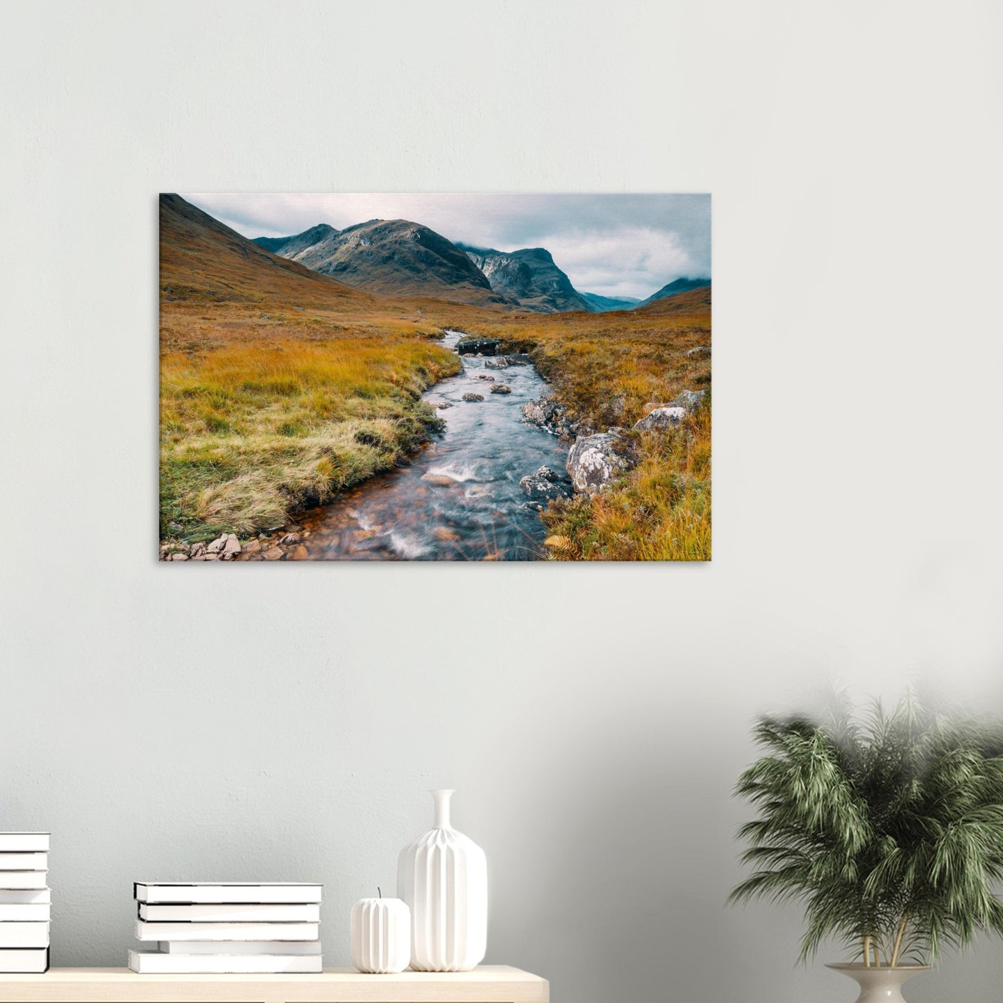 Rugged Glencoe landscape with golden grasses on canvas