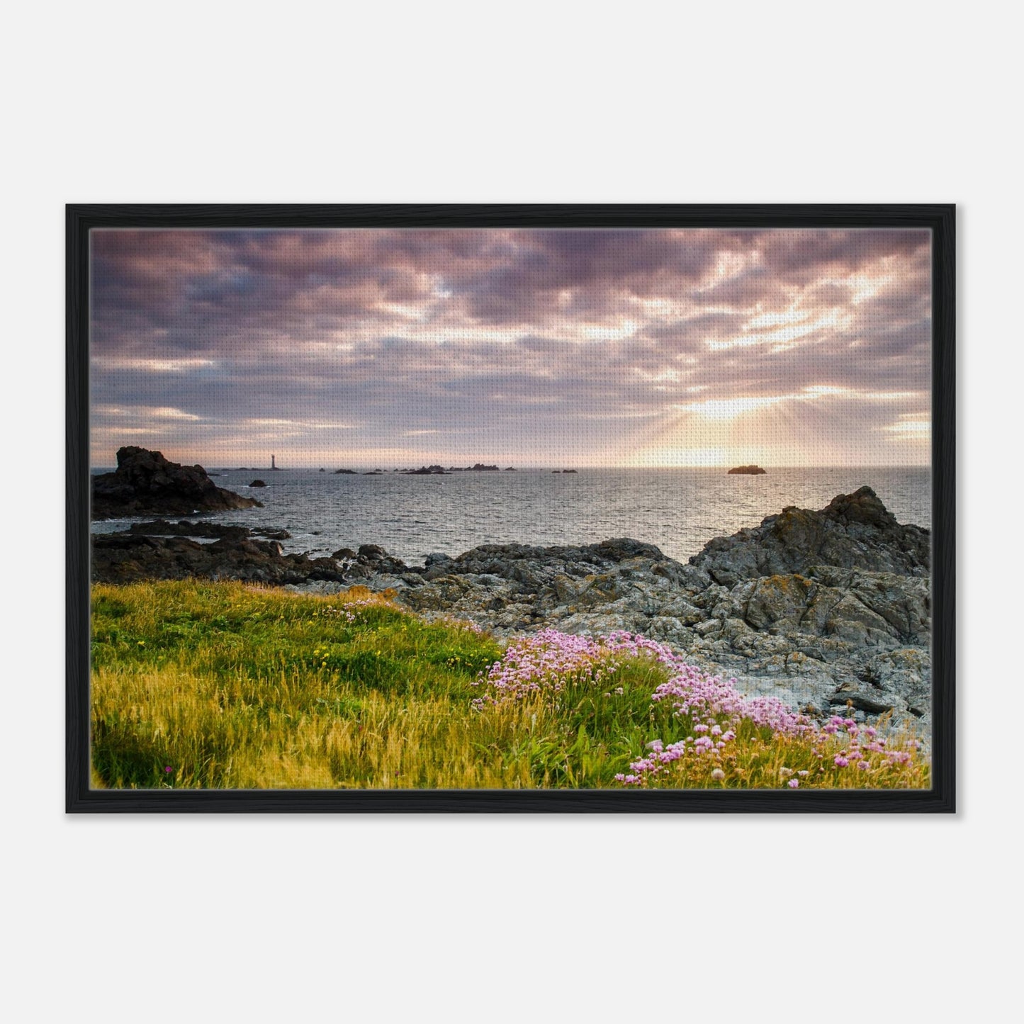 Guernsey coastal landscape with lighthouse and wildflowers in print