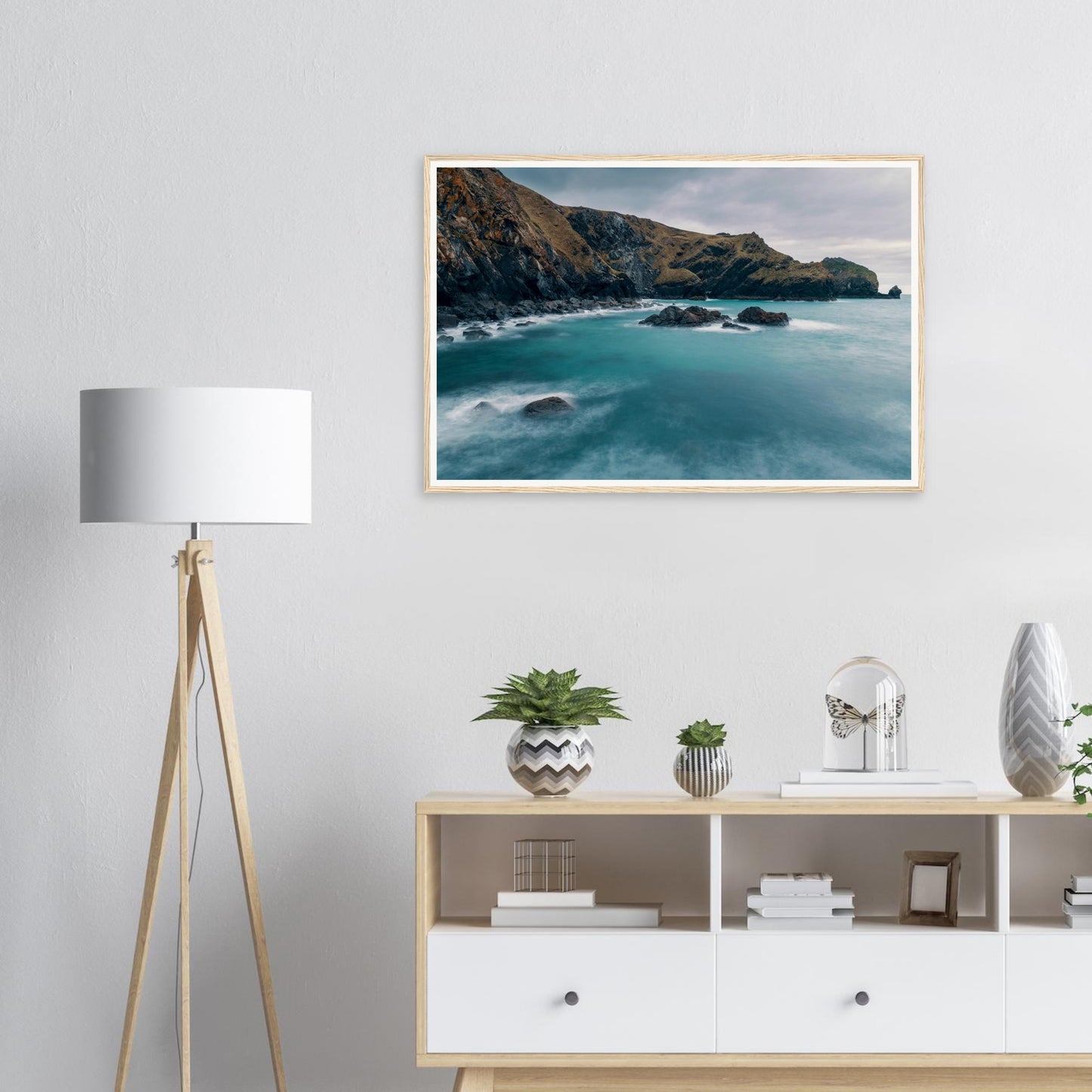 Framed landscape print of Mullion Cove rugged coastline