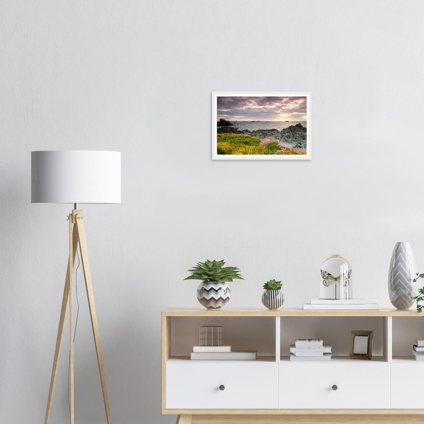 Scenic coastal wall art of Pleinmont Point and lighthouse at sunset