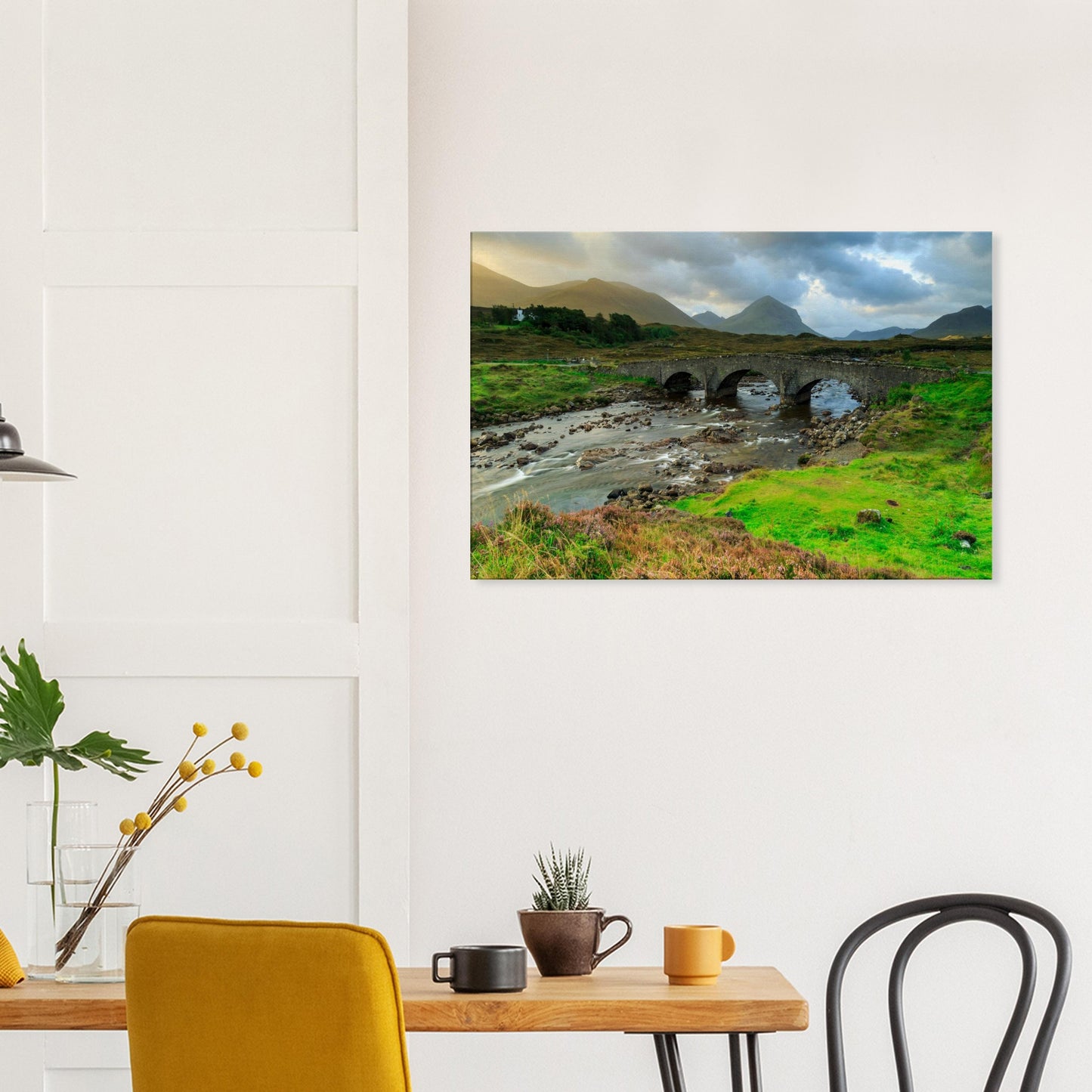 Canvas artwork of Sligachan Bridge with purple heather and mist rolling across the Highland scenery.