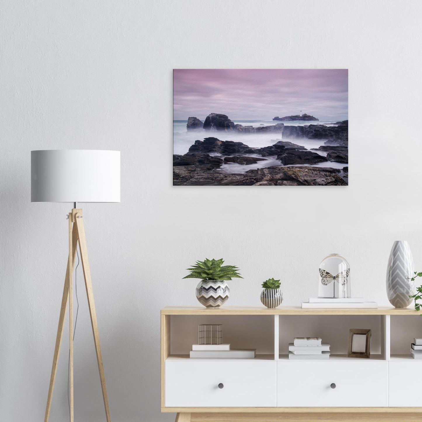 Godrevy Lighthouse wall art with long-exposure waves, black rocks, and a peaceful, colour-blended Cornish sky.