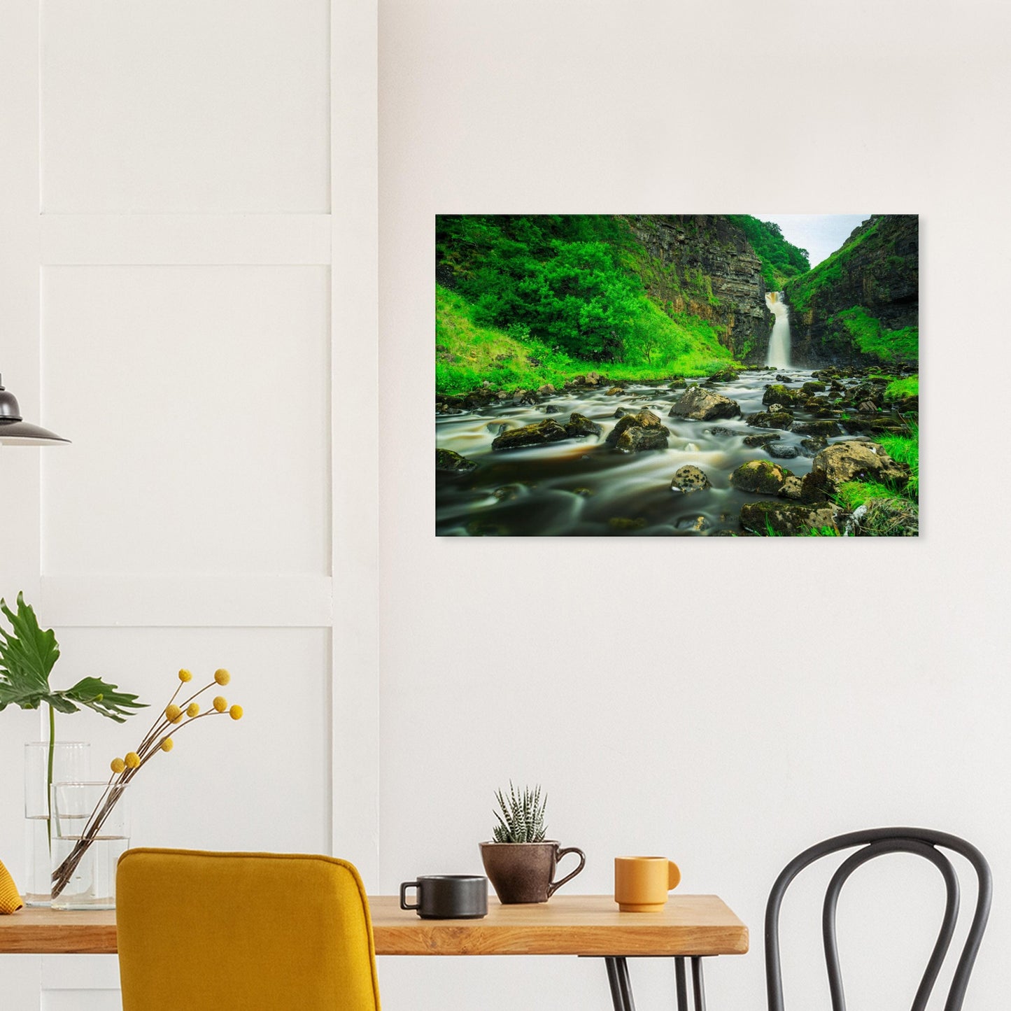 Lealt Falls riverscape canvas capturing the dynamic waterfall flow, misty atmosphere, and vibrant natural surroundings.