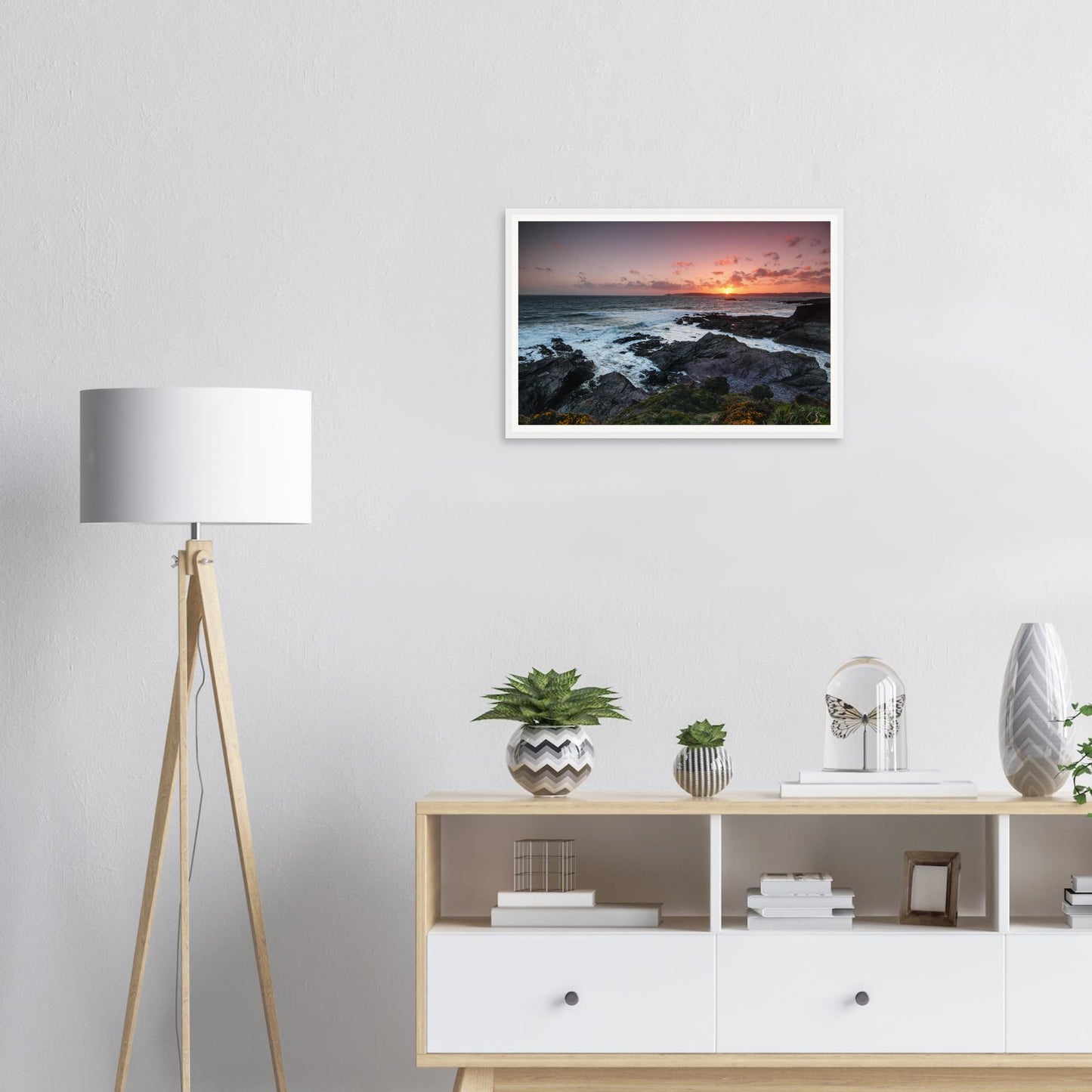 Peaceful seascape framed wall art of Heybrook Bay in Devon