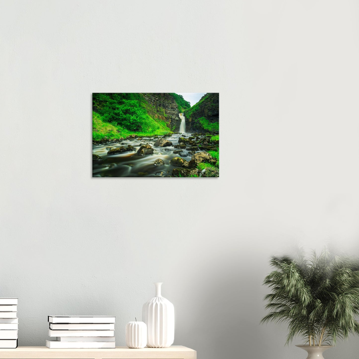 Isle of Skye landscape canvas of Lealt Falls, highlighting flowing water, mist, and vibrant vegetation along the rocky gorge.