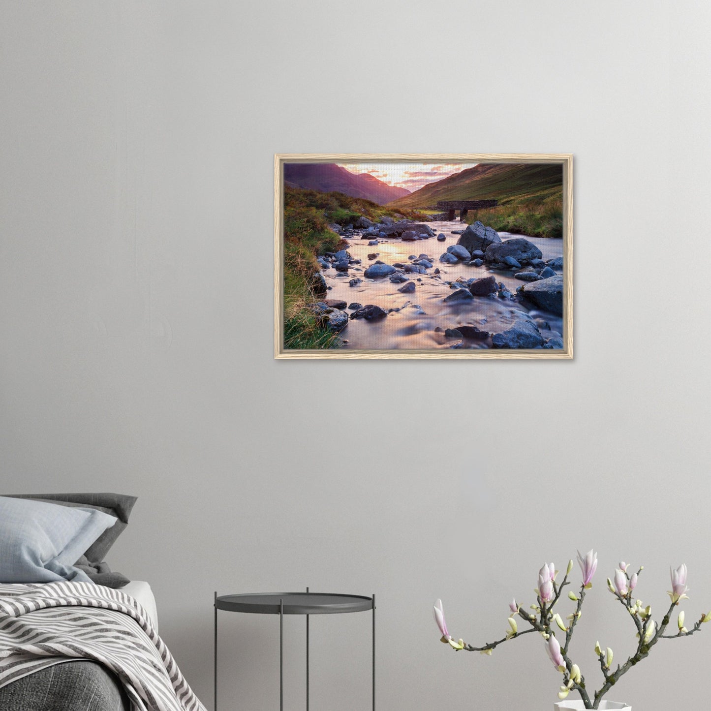Golden light illuminating Lake District stream and bridge in artwork