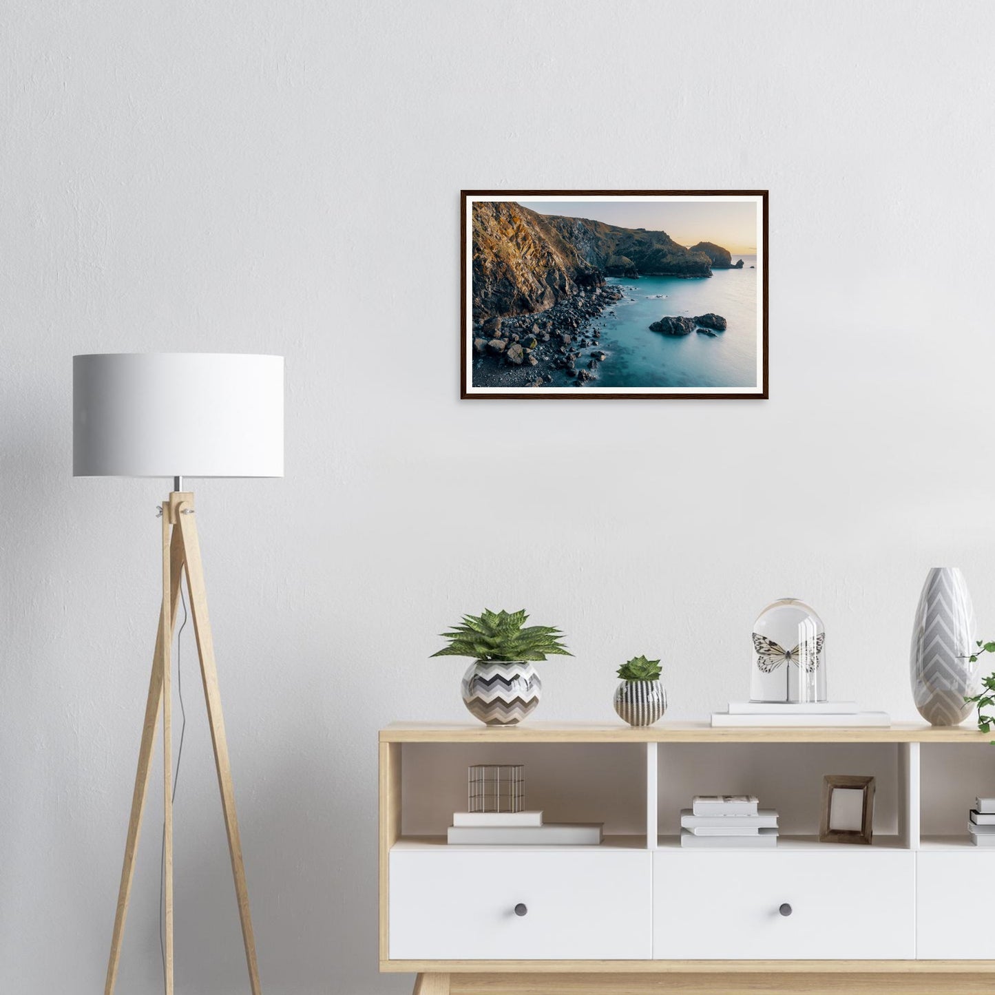 Sunset seascape framed wall art of Mullion Cove cliffs