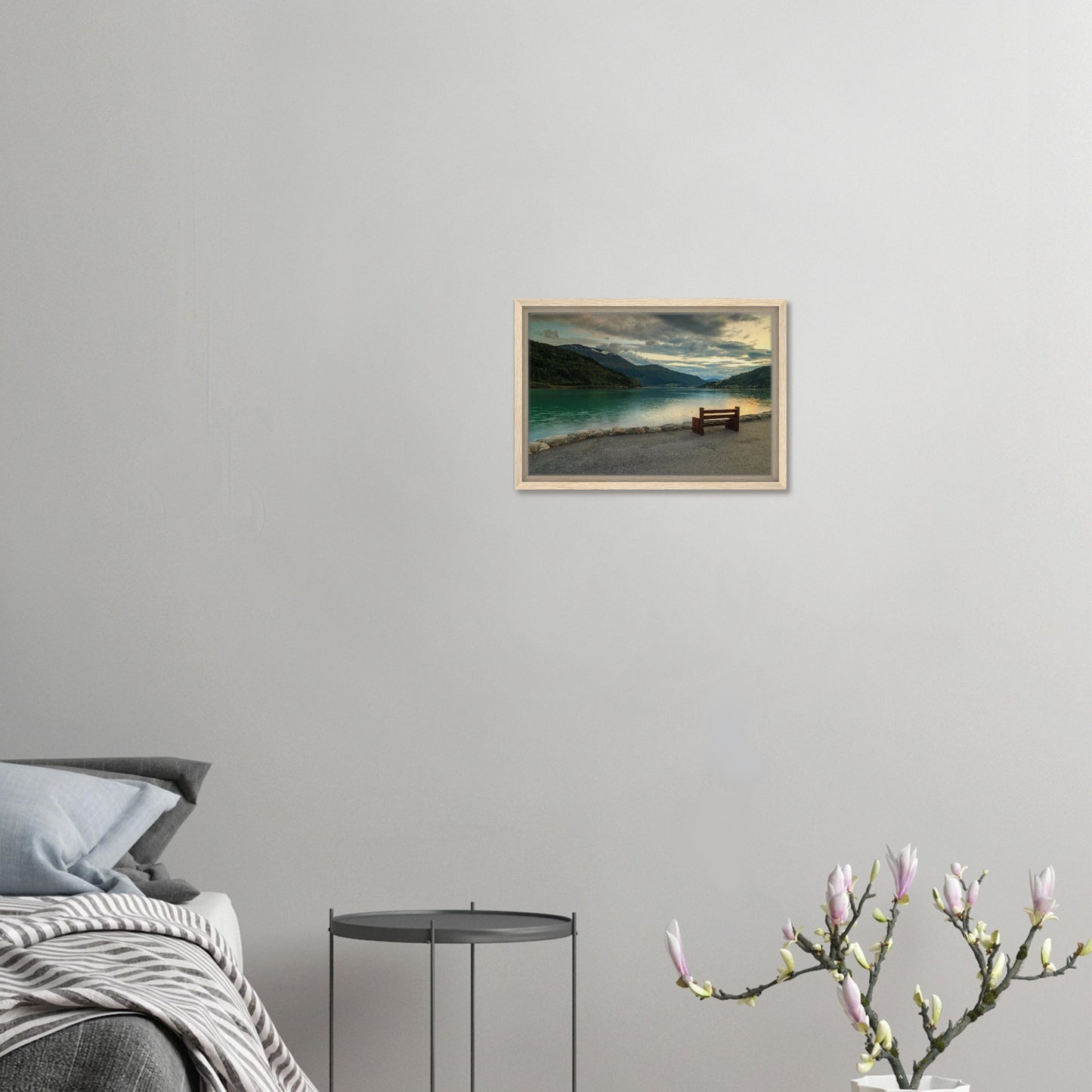 Framed print of Innvikfjorden’s glassy surface at sunset