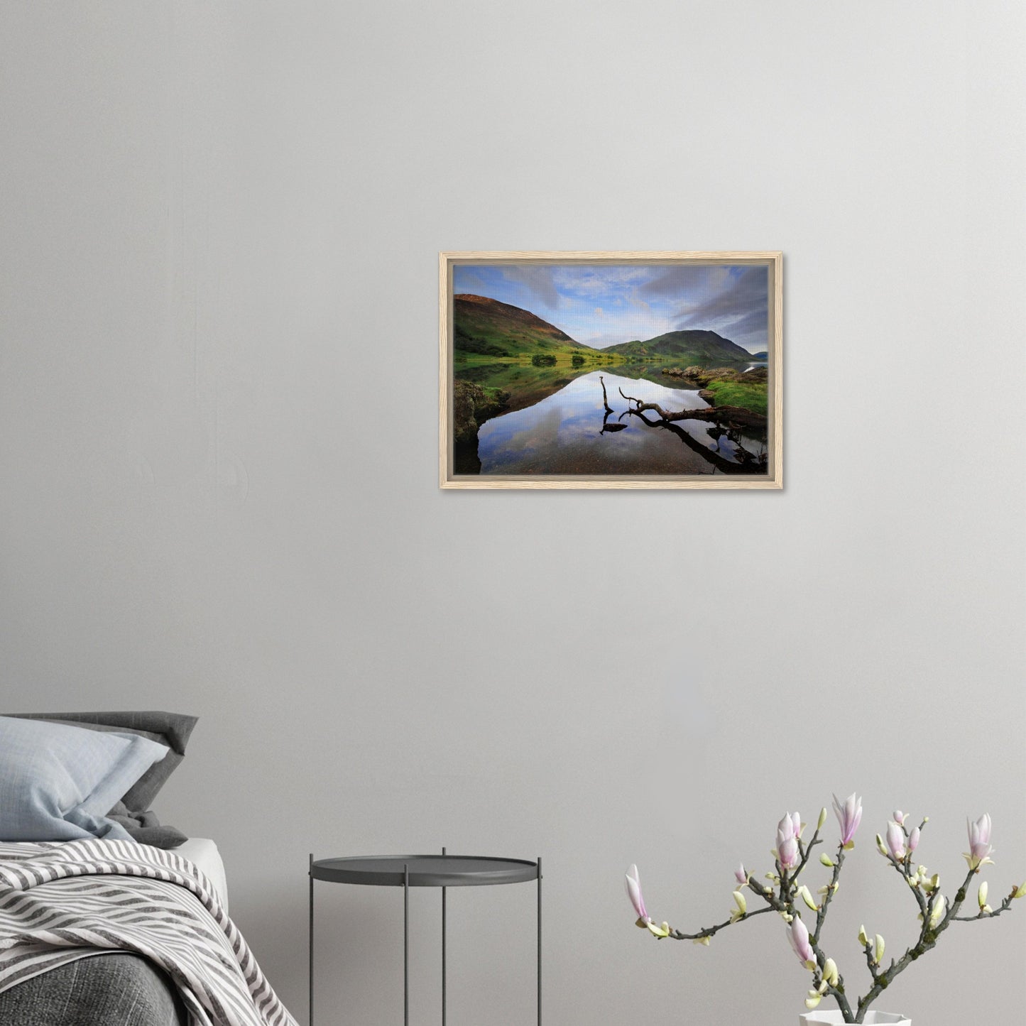 Reflections of fells and clouds in Crummock Water framed print