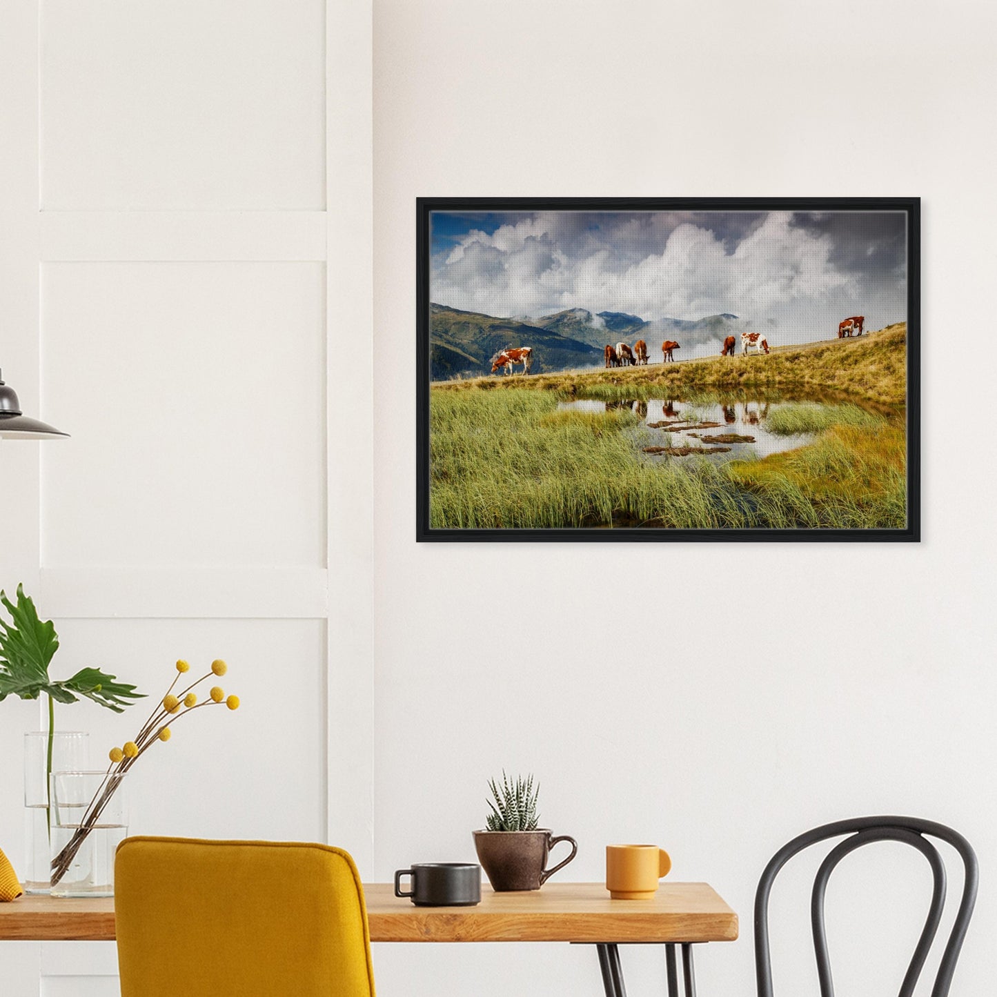 Austrian Alps landscape with cows and cloudy peaks in canvas