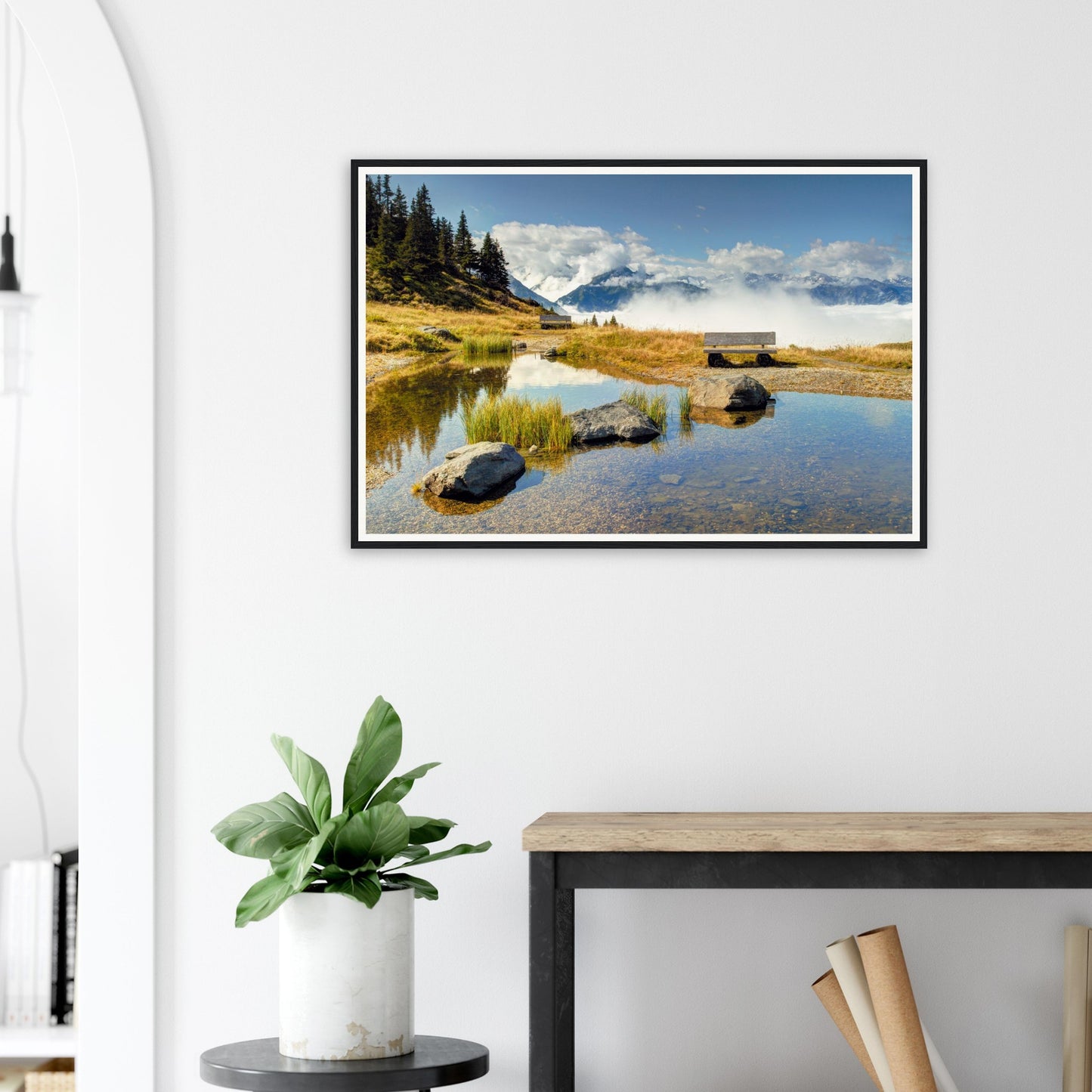 Lone bench by pond in Austrian Alps framed landscape art
