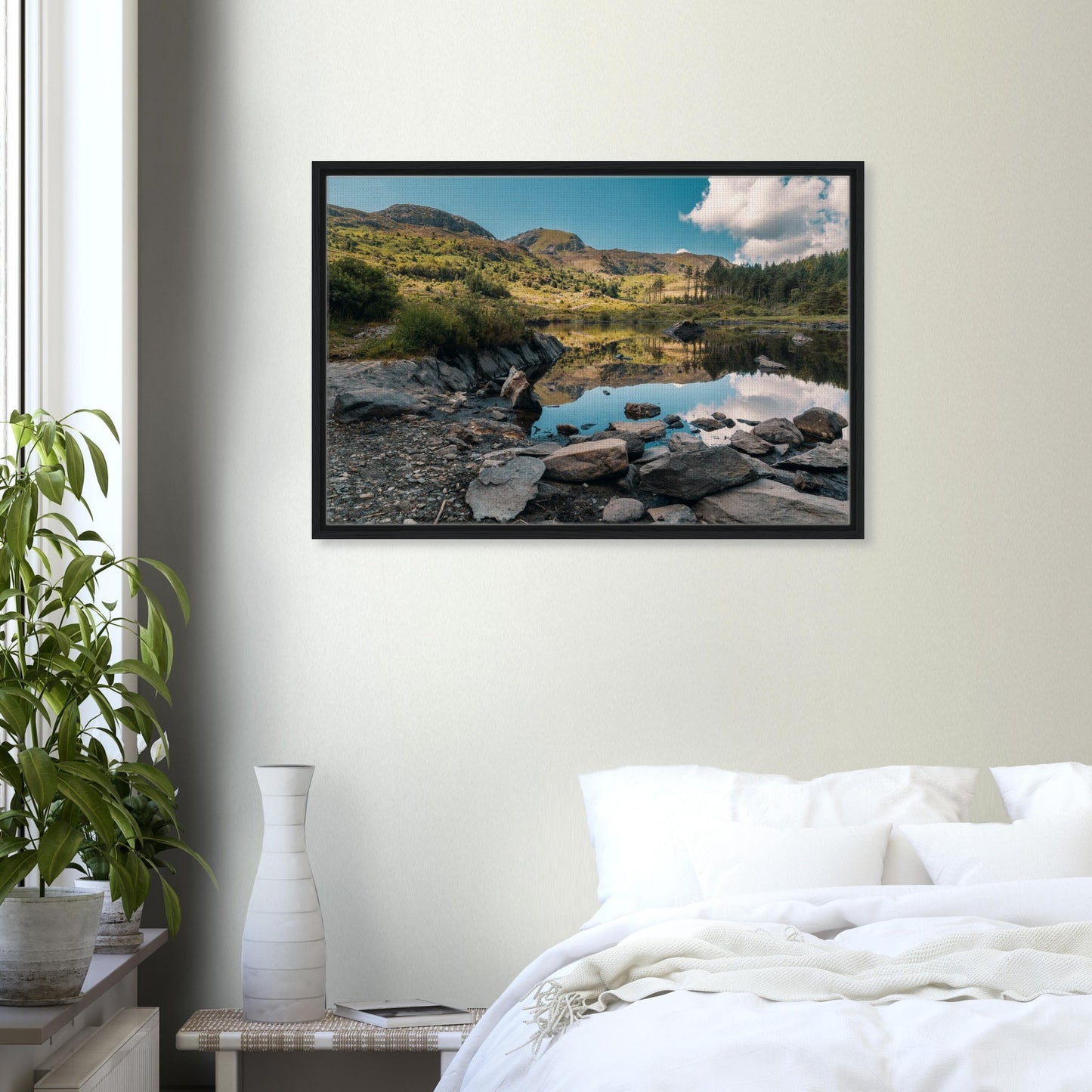 Framed landscape art of Snowdonia’s still waters