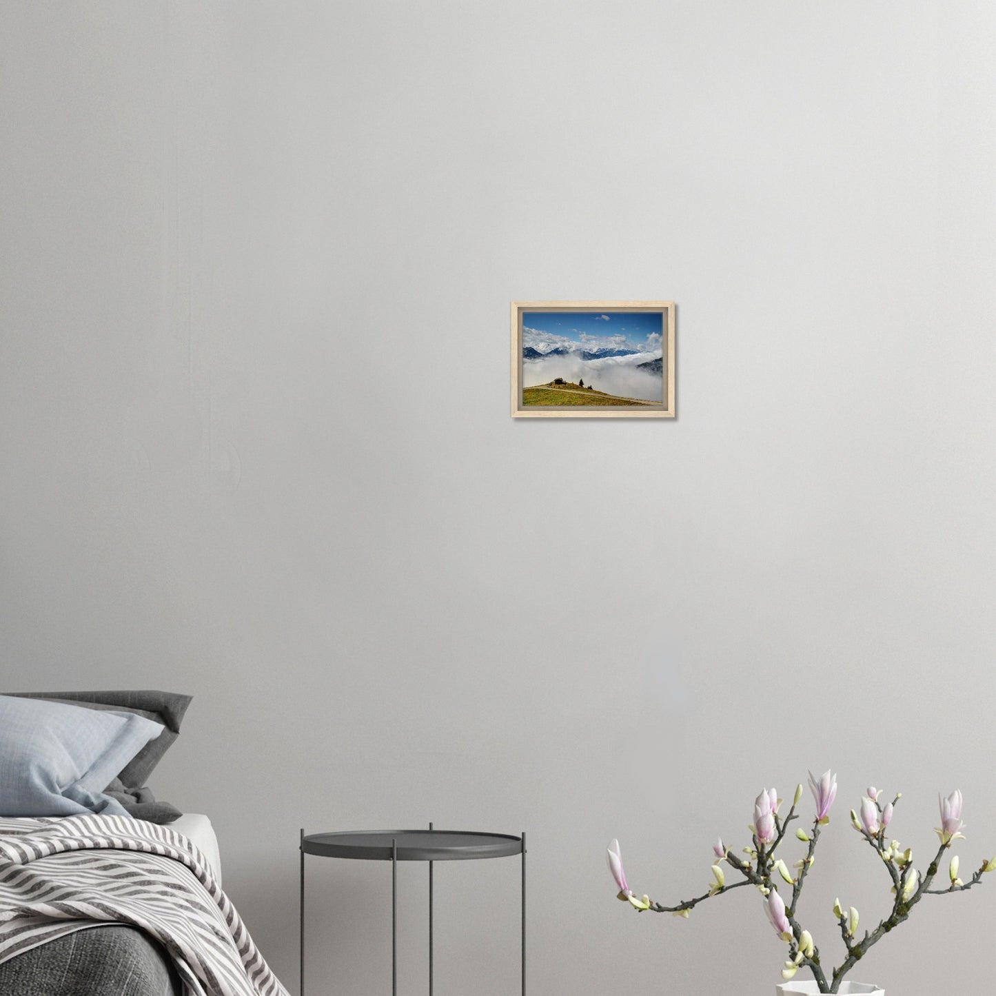 Sea of clouds beneath mountain cabin in panoramic canvas print