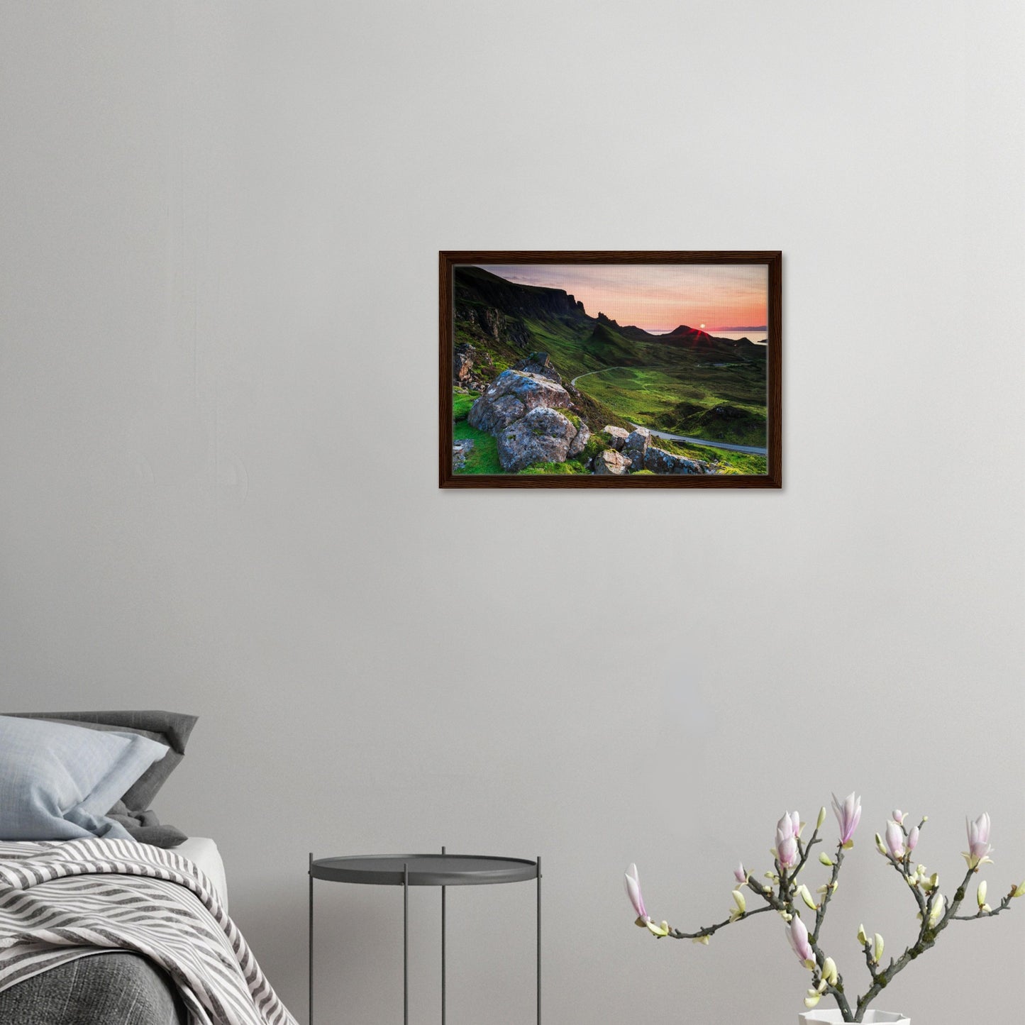 Lush green hills and volcanic rocks at The Quiraing in artwork