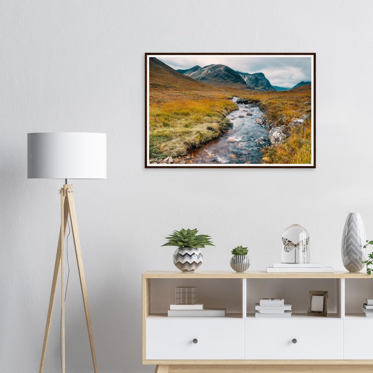 Framed print of rugged Glencoe Valley with misty peaks