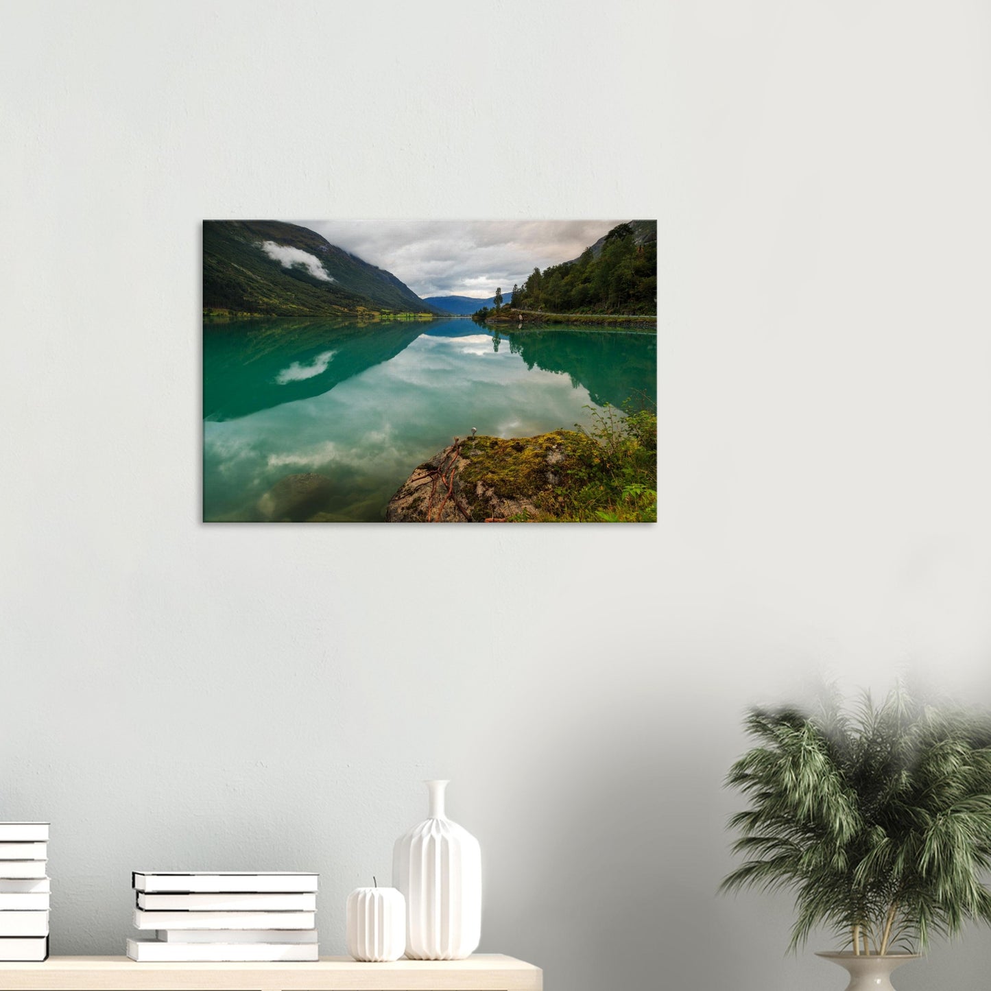 Reflections of overcast sky on Oldevatnet Lake, Norwegian nature canvas.