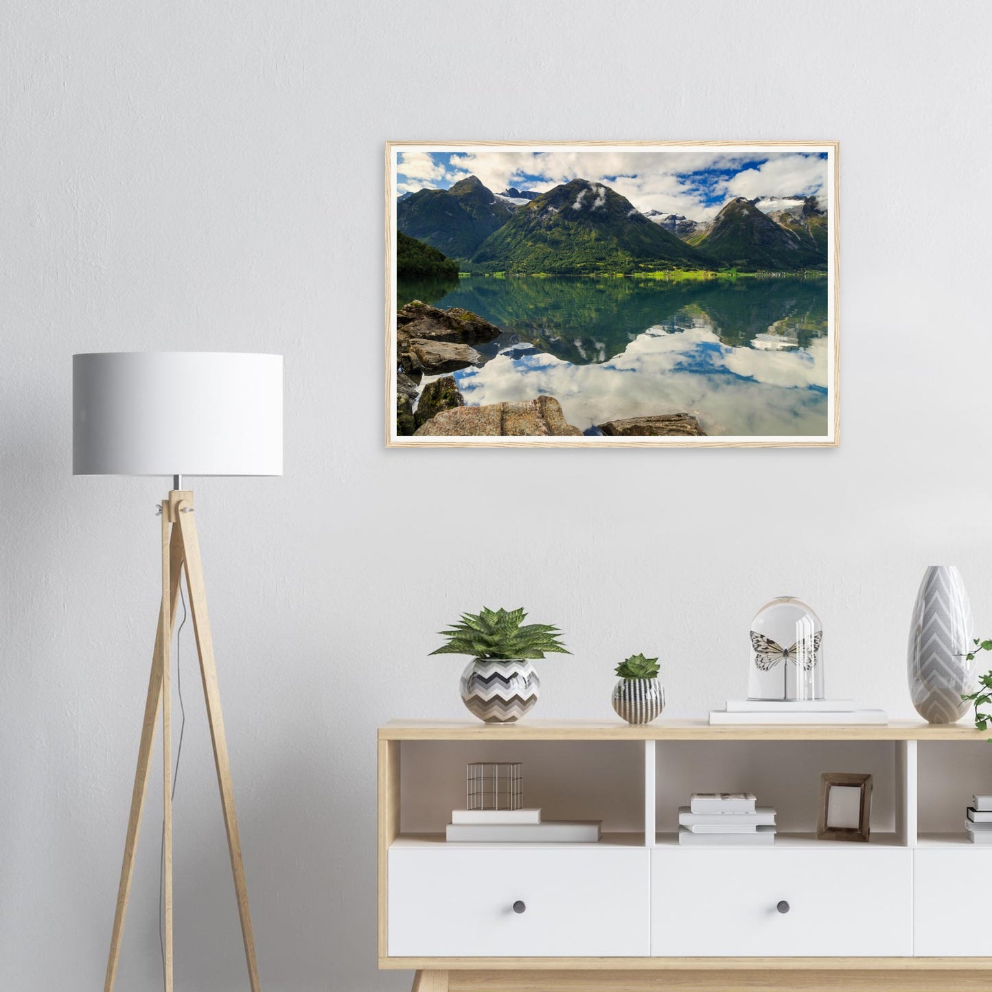 Scenic Norwegian lake framed print with dramatic peaks