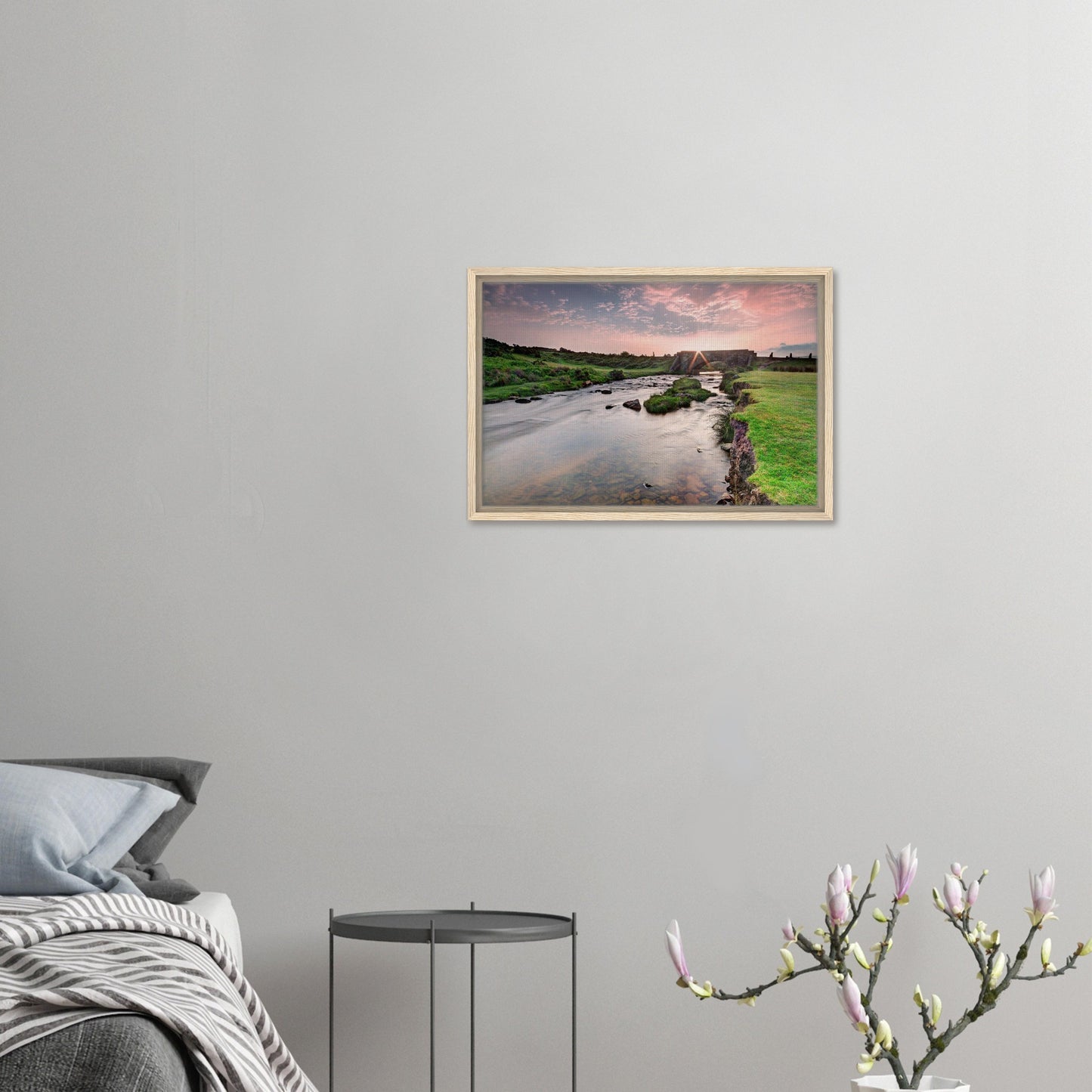 Dartmoor framed canvas with warm sunrise glow and historic bridge