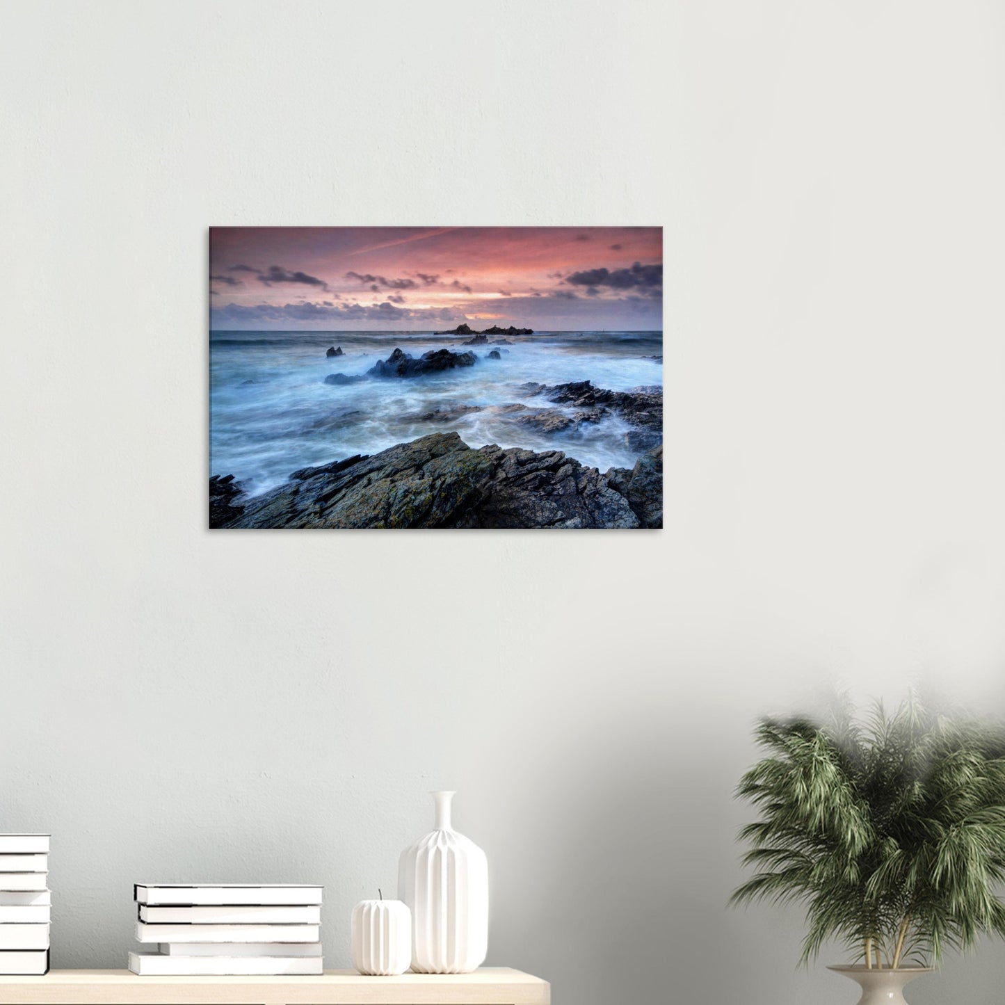 Vibrant evening canvas of Heybrook Bay capturing swirling waters, rocky shores, and a blazing red and orange sky at golden hour.