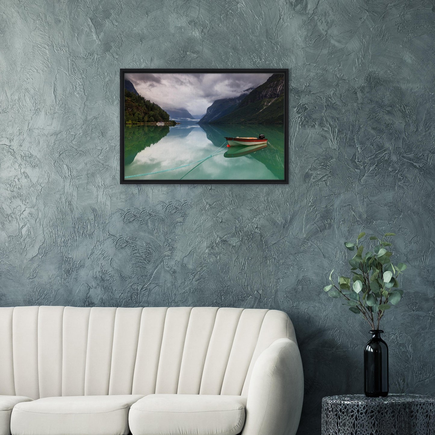 Landscape print of Lovatnet Lake in calm, moody light