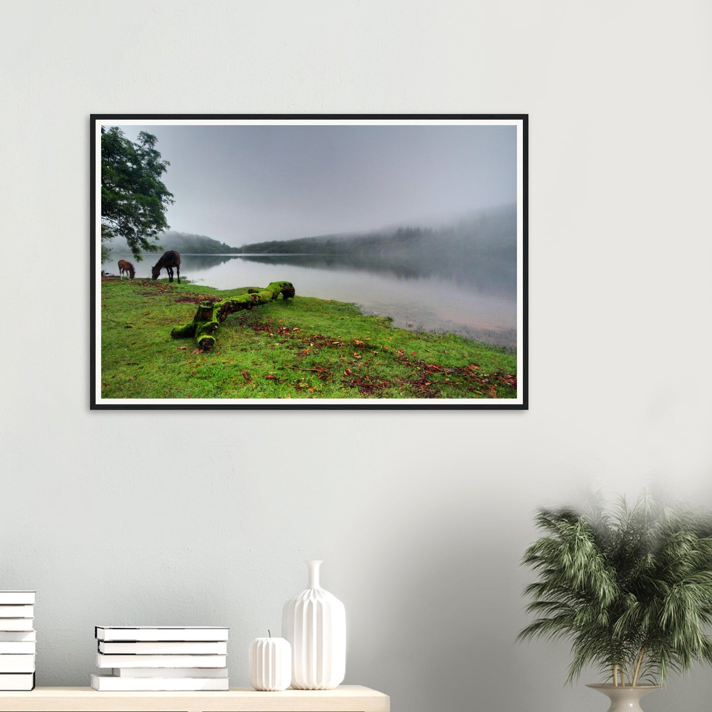 Ethereal Dartmoor framed wall art with mist and woodland scene