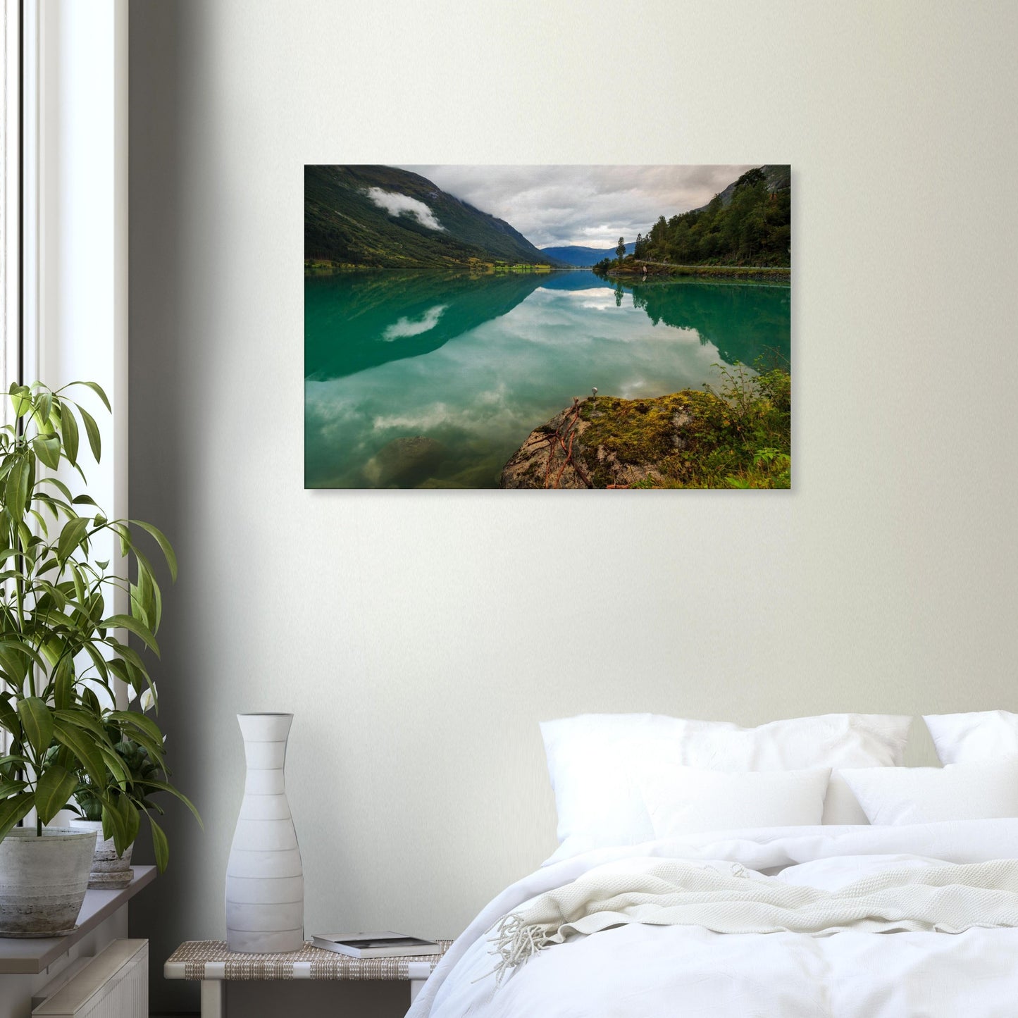 Oldevatnet Lake in western Norway with dramatic symmetry, canvas decor.