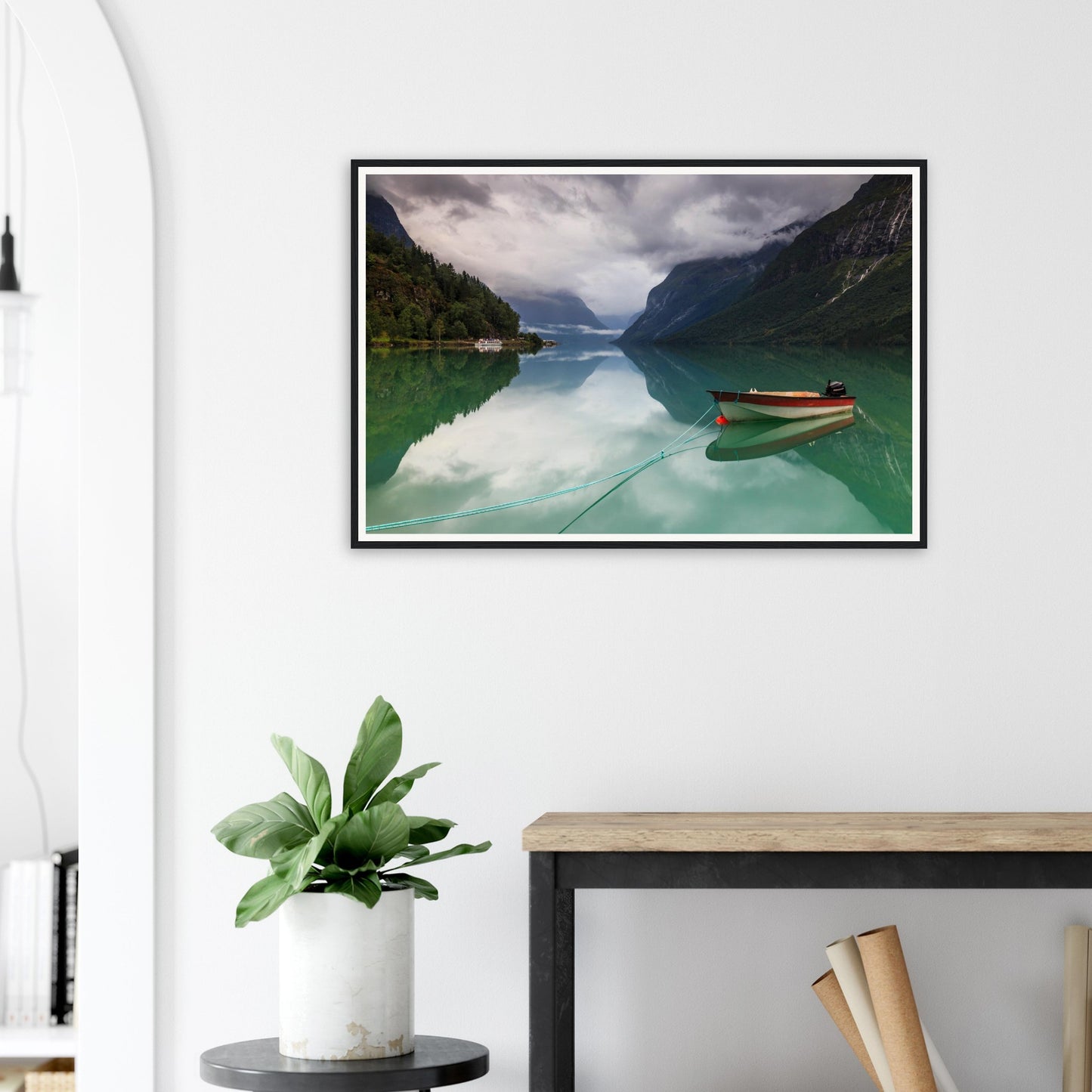 Serene Norwegian landscape framed print of Lovatnet Lake boat