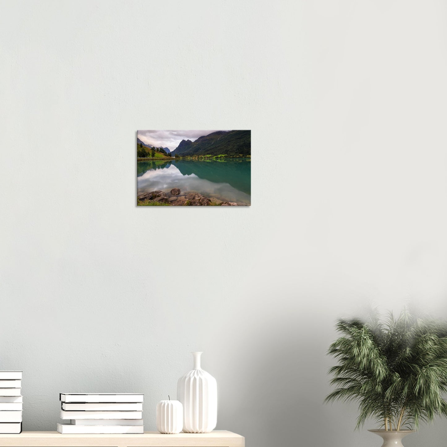 Stunning natural scenery of Lake Floen, Norway, with tranquil waters and towering mountains printed on canvas.