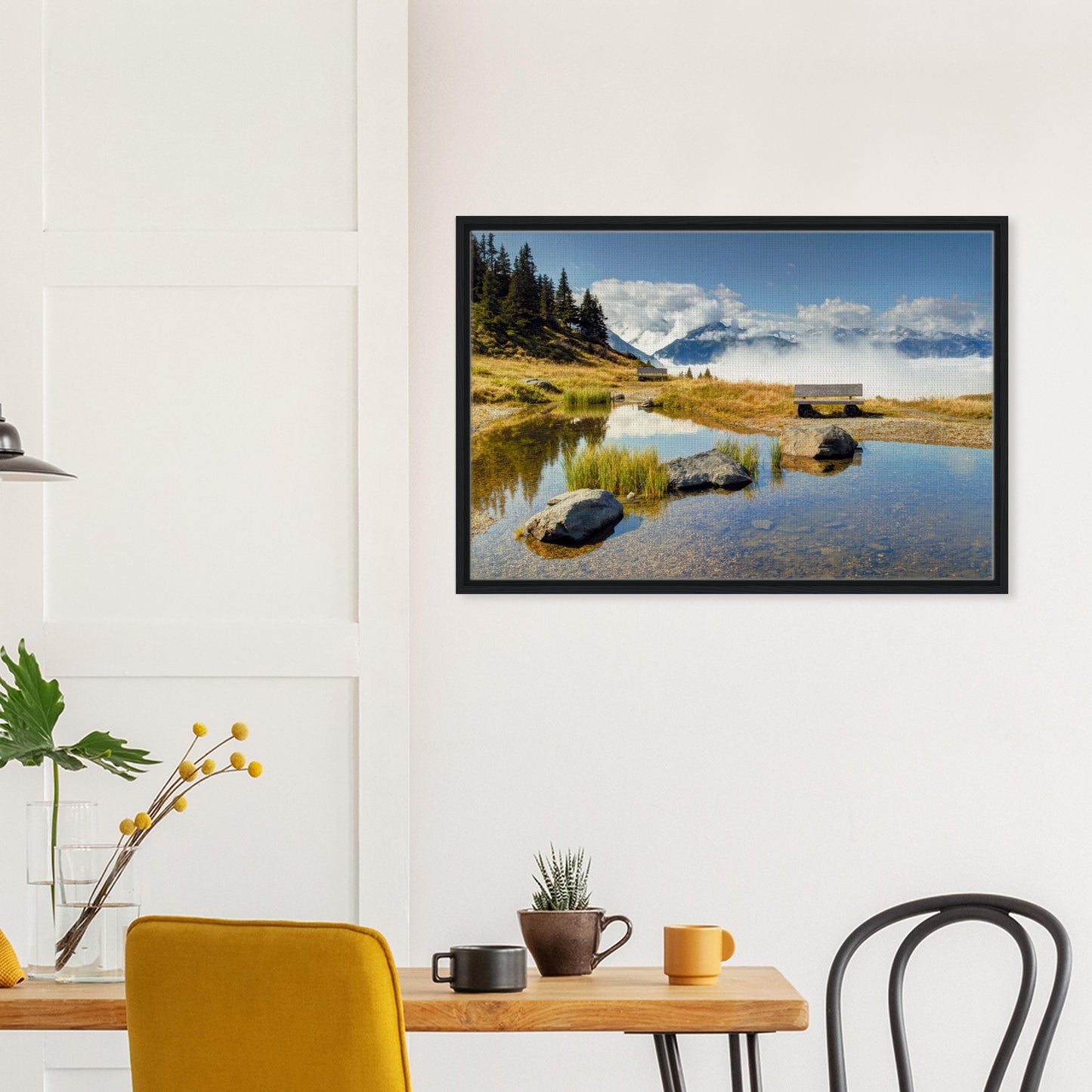 Tranquil alpine pond and dramatic peaks in Austria framed canvas