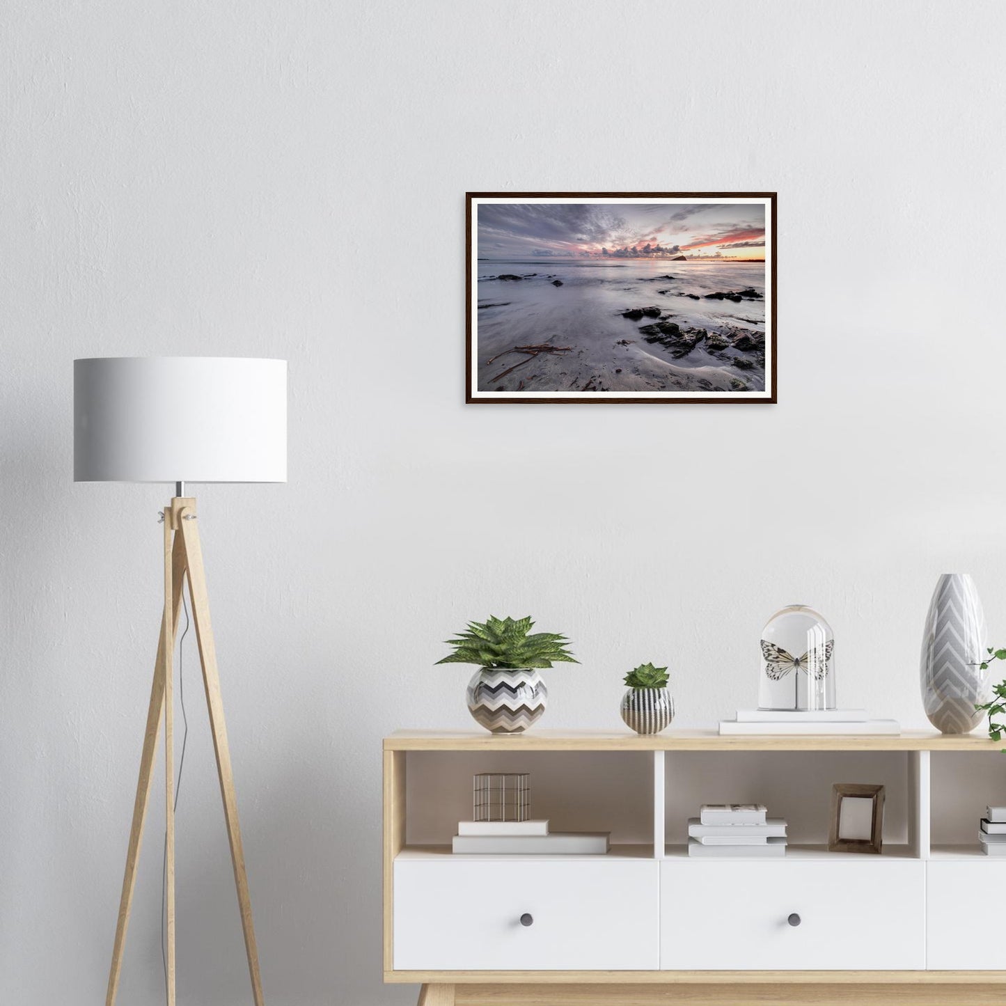 Scenic framed wall art of Devon’s Wembury Beach at dusk