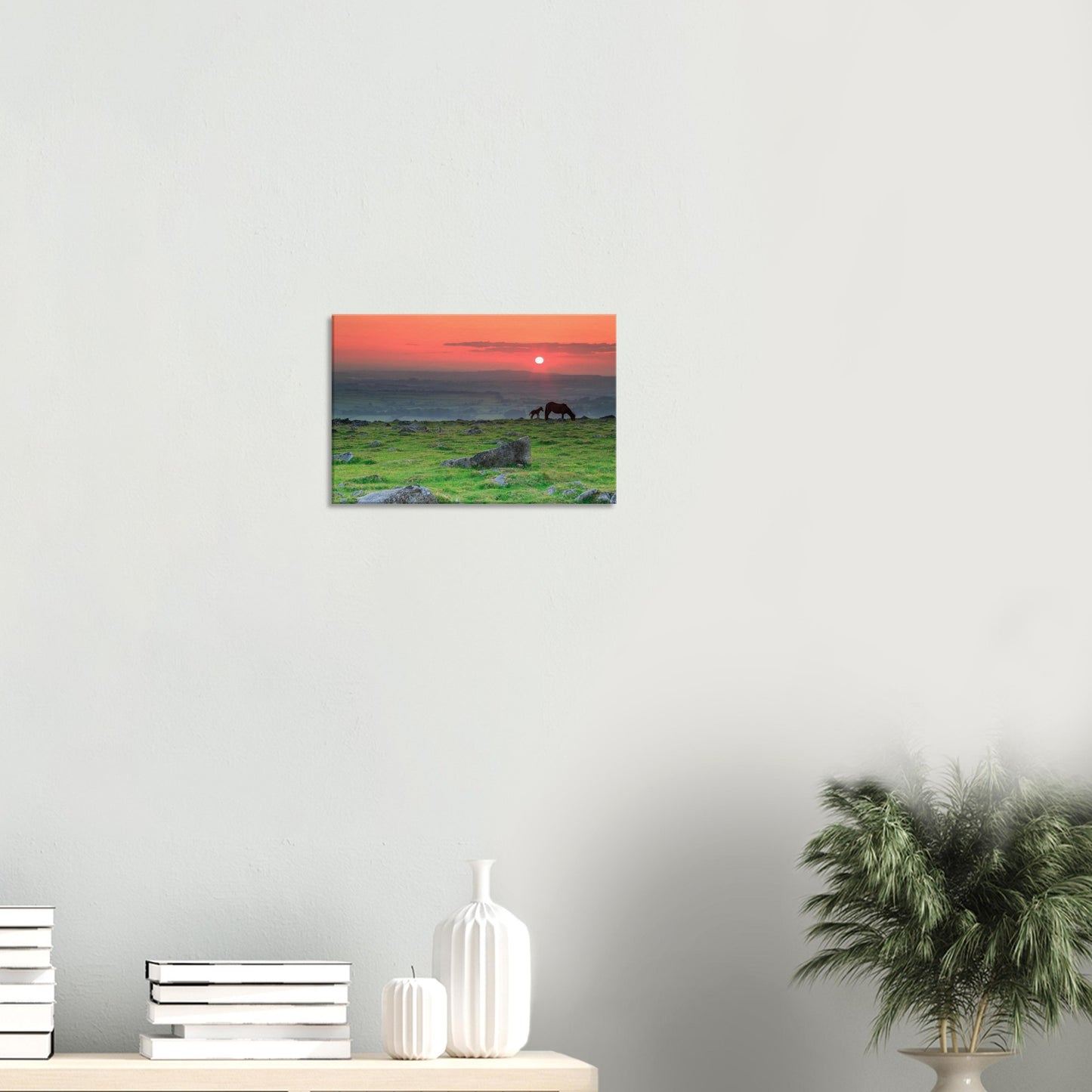 Sunset silhouette of horse and foal among ancient stones on Dartmoor, canvas wall art.