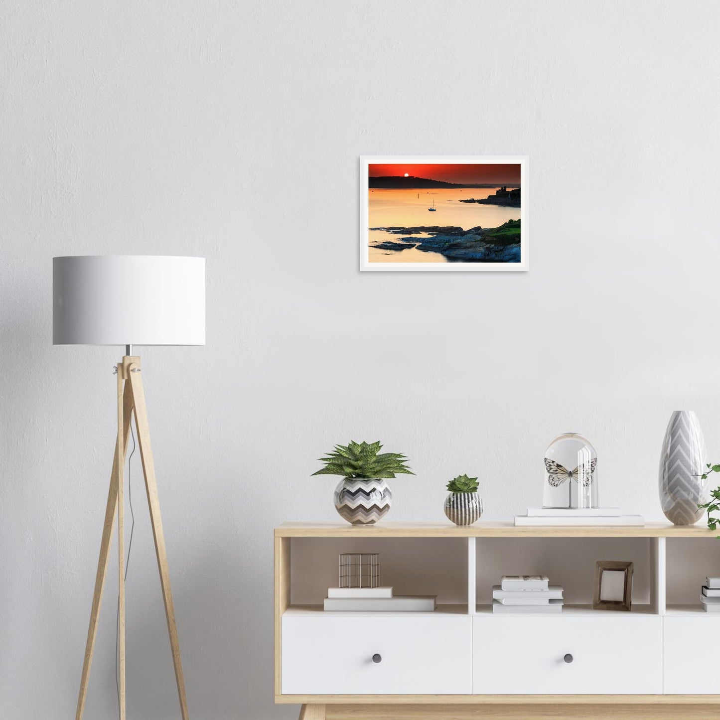 Serene framed print of Plymouth Sound with fiery evening sky