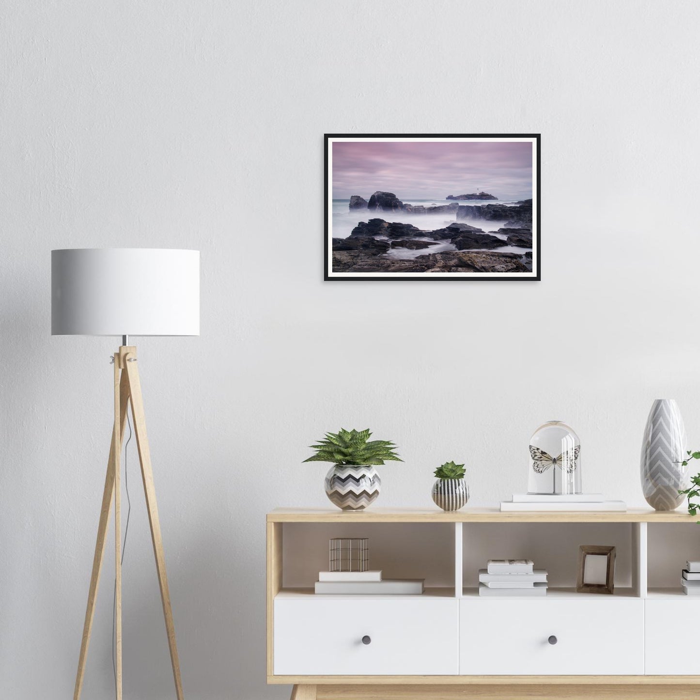 Serene pastel sunset at Godrevy Lighthouse in Cornwall framed art